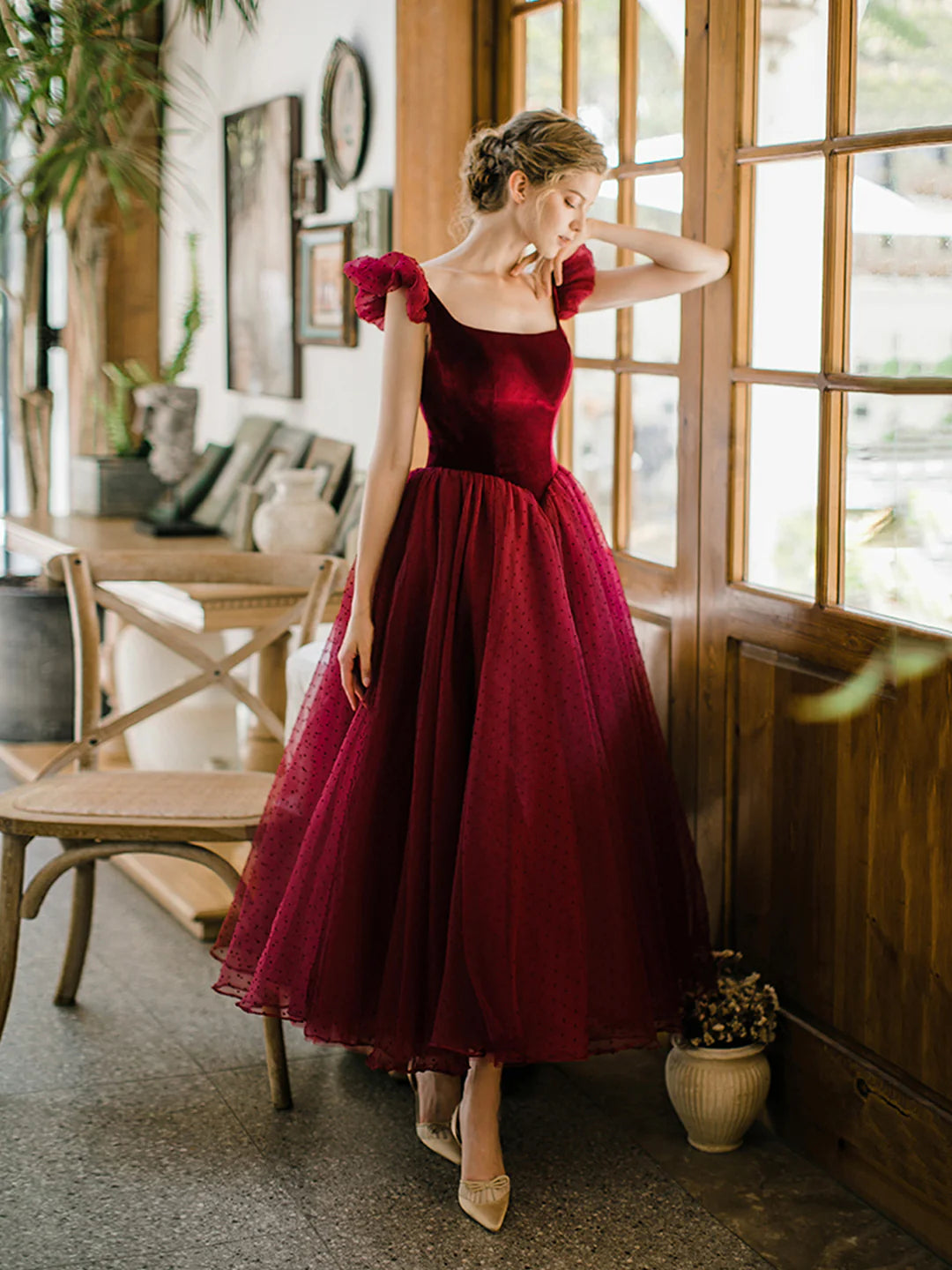 Burgundy Velvet Tulle Tea Length  A-Line Prom Dress Cute Evening Party Dress Homecoming Dresses