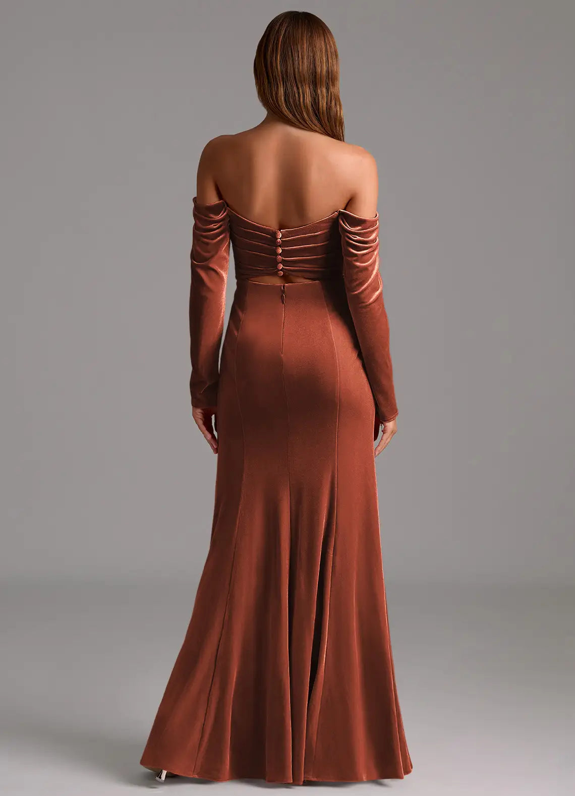 Button Accent Off Shoulder Long Sleeve Velvet Mermaid Ruched Bodice Keyhole Back High Slit Floor Length For Sale Prom Dress