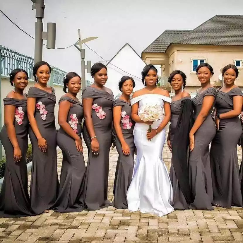 Cap Shoulder Floor length Pleat Mermaid Dark Gray Bridesmaid Dresses Wedding Party Dresses