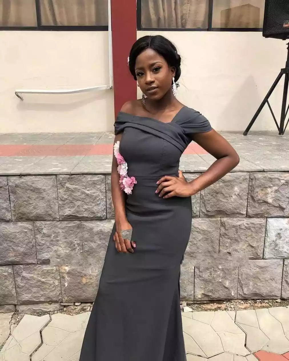 Cap Shoulder Floor length Pleat Mermaid Dark Gray Bridesmaid Dresses Wedding Party Dresses