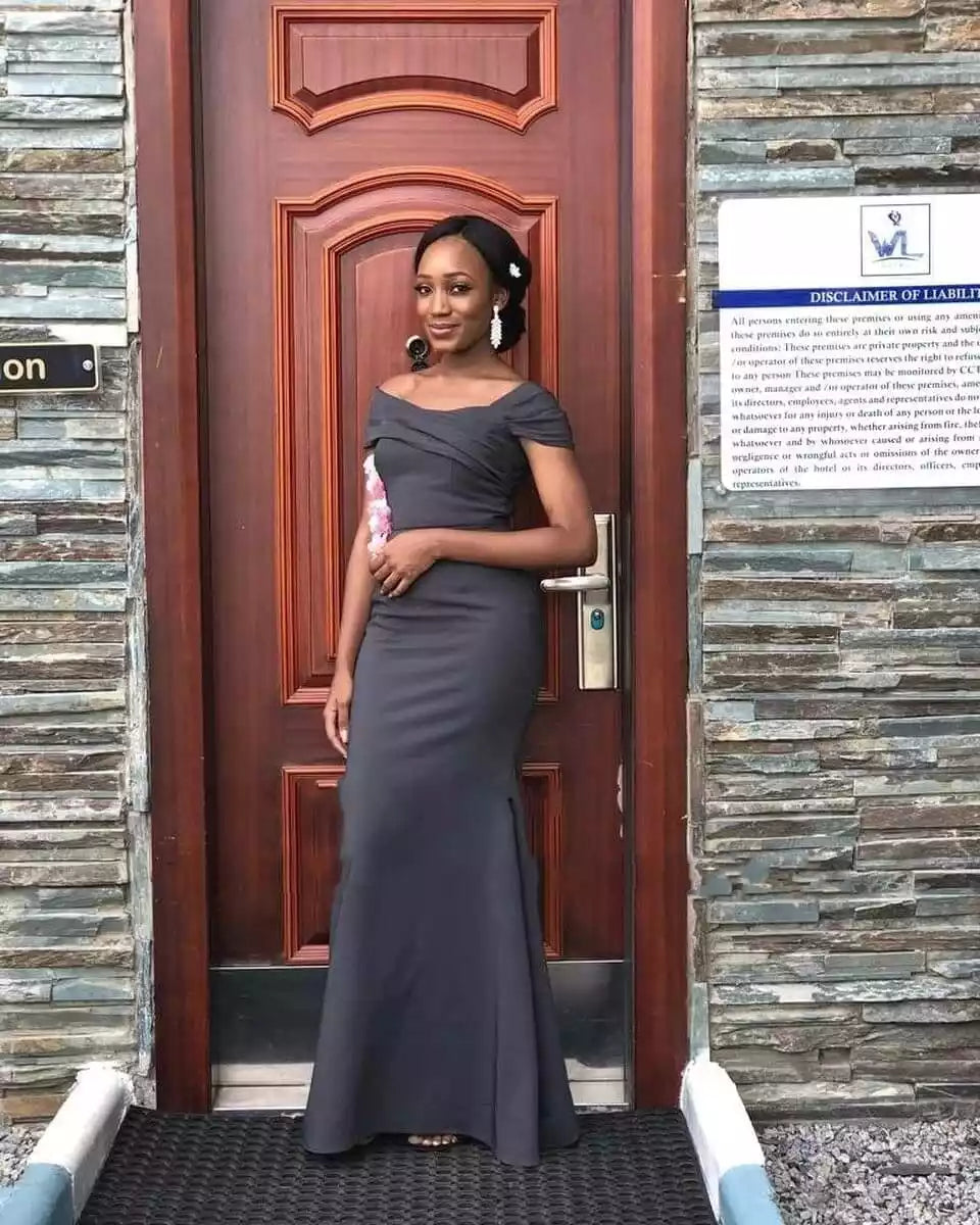 Cap Shoulder Floor length Pleat Mermaid Dark Gray Bridesmaid Dresses Wedding Party Dresses