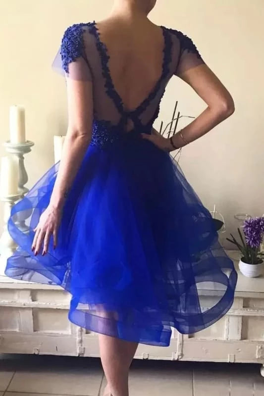 Cap Sleeves Round Neck Blue Beaded Short Blue Formal Graduation Evening Dresses with Beadings Party Dresses Homecoming Dresses
