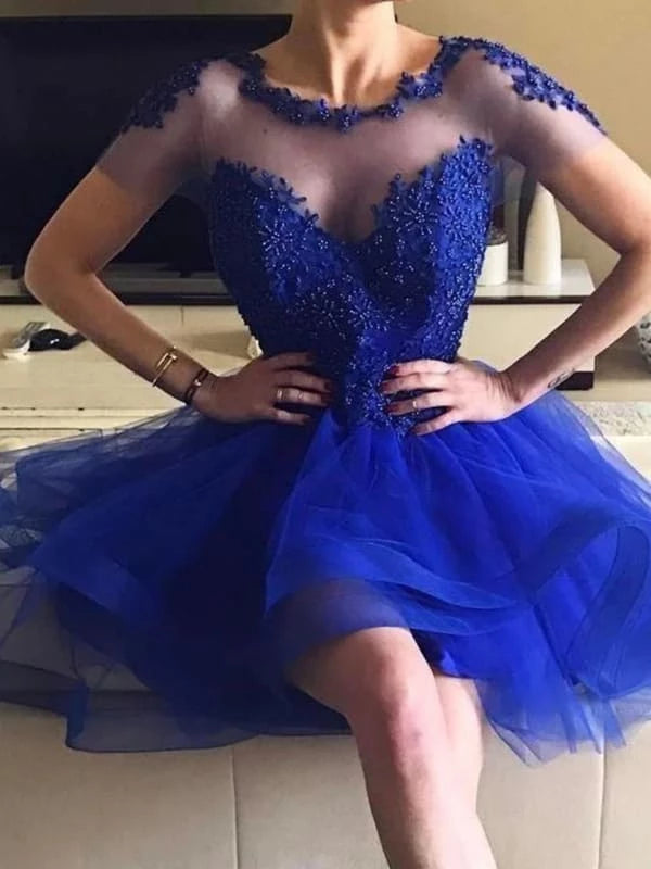Cap Sleeves Round Neck Blue Beaded Short Blue Formal Graduation Evening Dresses with Beadings Party Dresses Homecoming Dresses