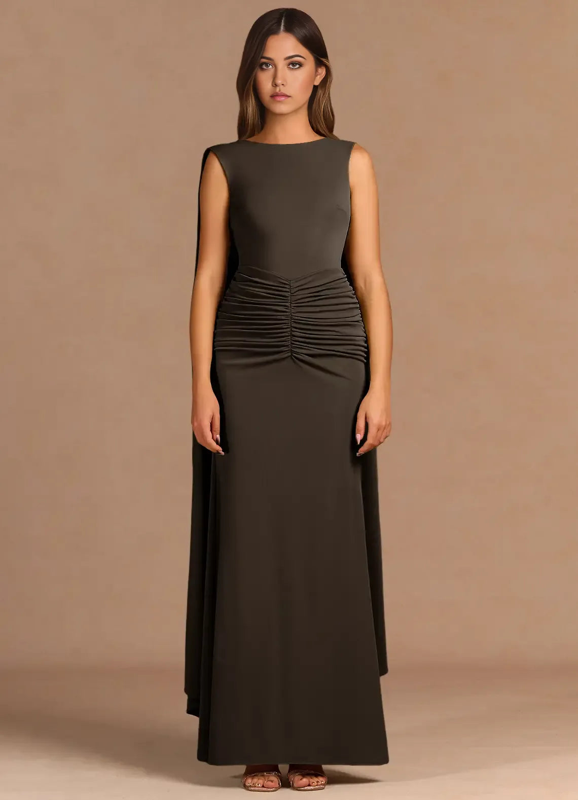 Cape Accent Mermaid Crew Neck Ruched Open Back Floor Length For Women Prom Dress