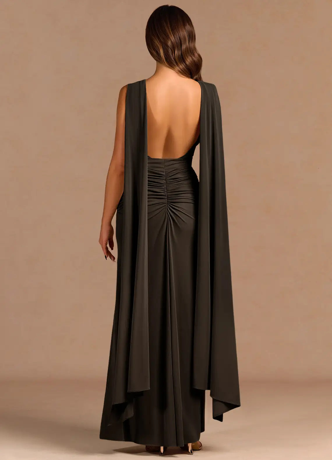 Cape Accent Mermaid Crew Neck Ruched Open Back Floor Length For Women Prom Dress