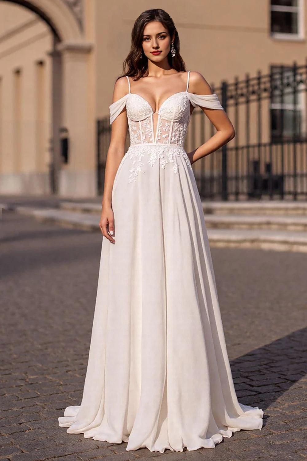 Captivating A Line Off The Shoulder Flutter Sleeve Lace Up Back Floor Length Wedding Dress