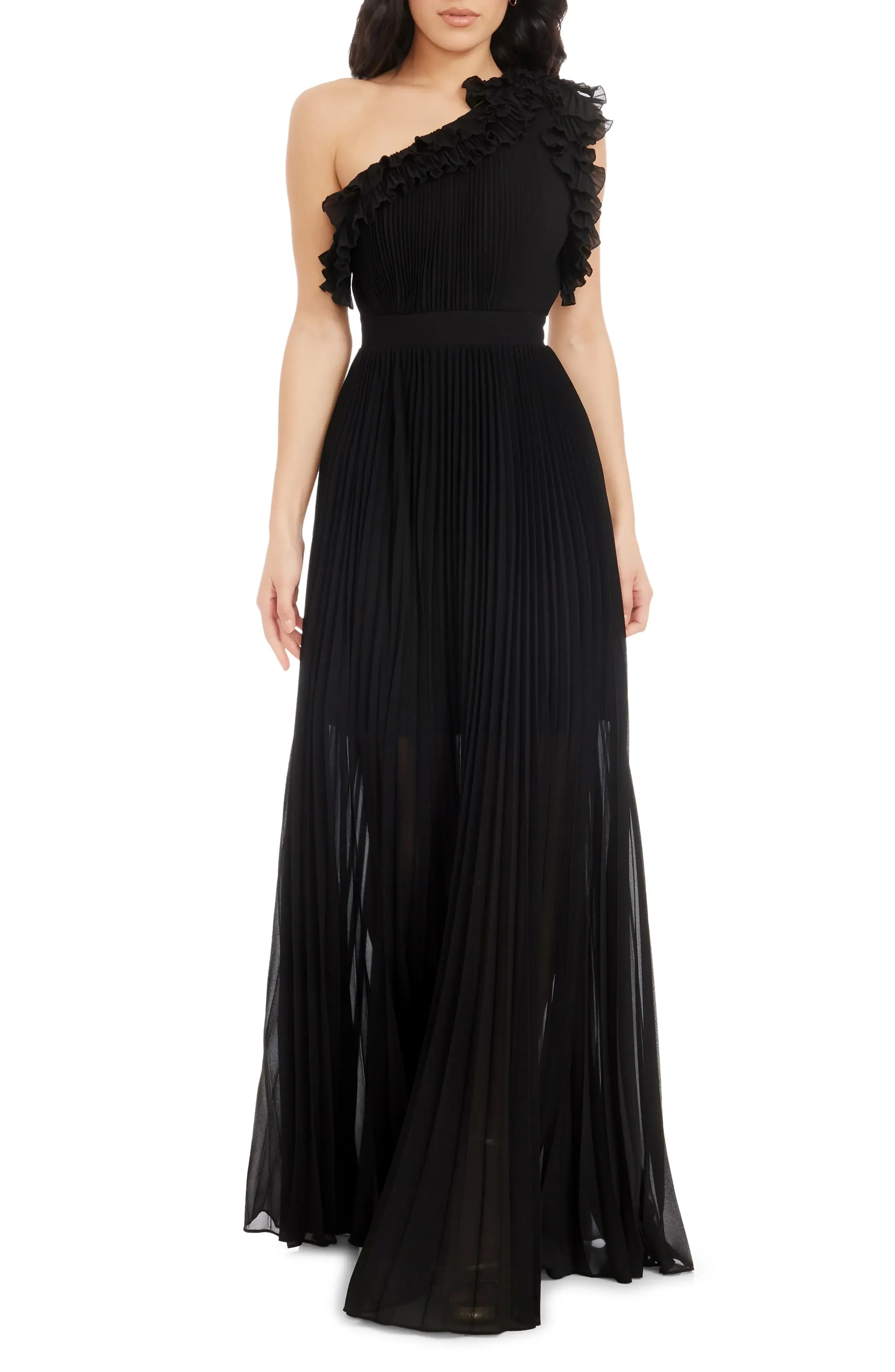 Captivating A Line One Shoulder Ruffle Sleeveless Open Back Floor Length Evening Dress