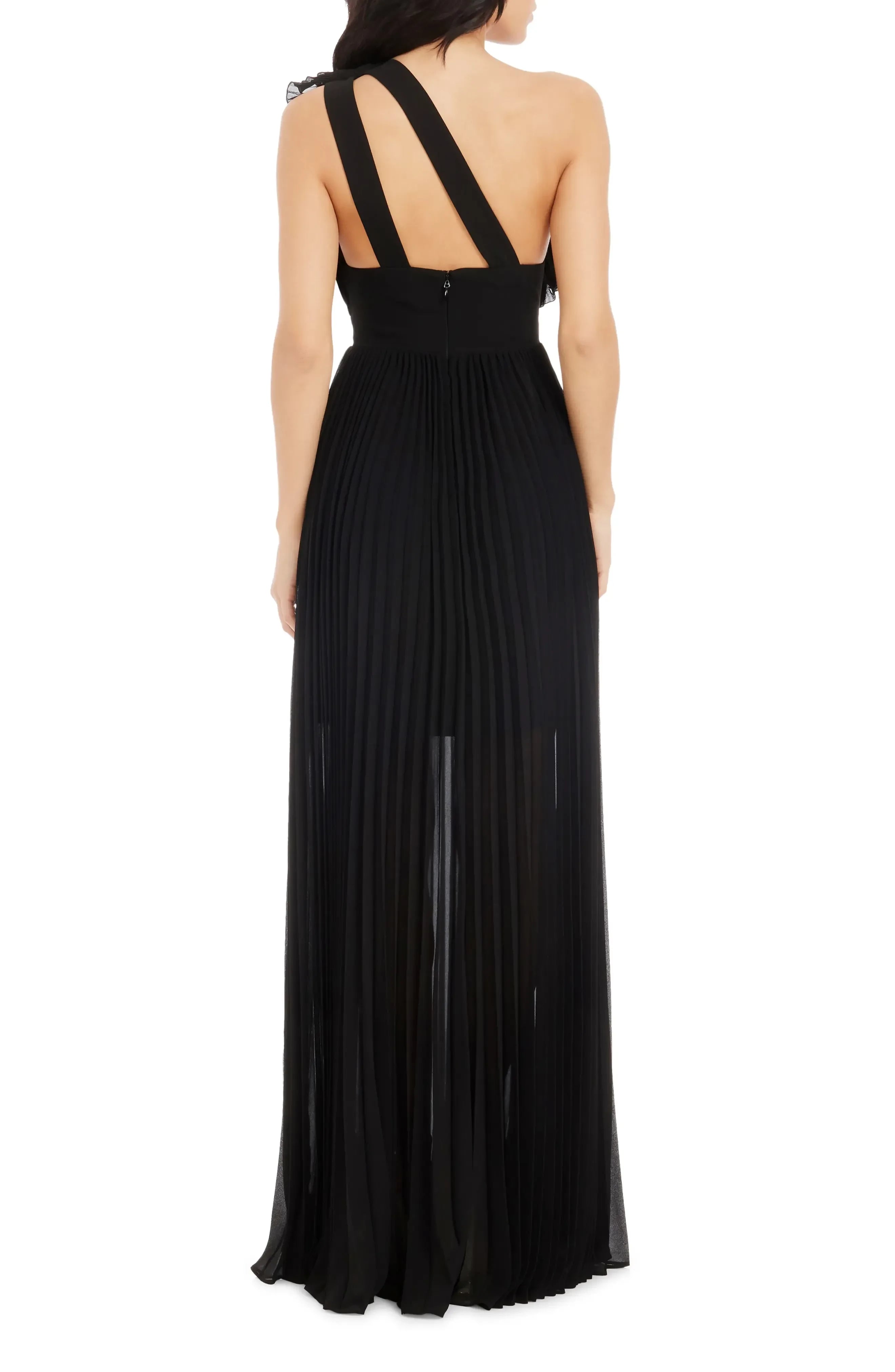 Captivating A Line One Shoulder Ruffle Sleeveless Open Back Floor Length Evening Dress