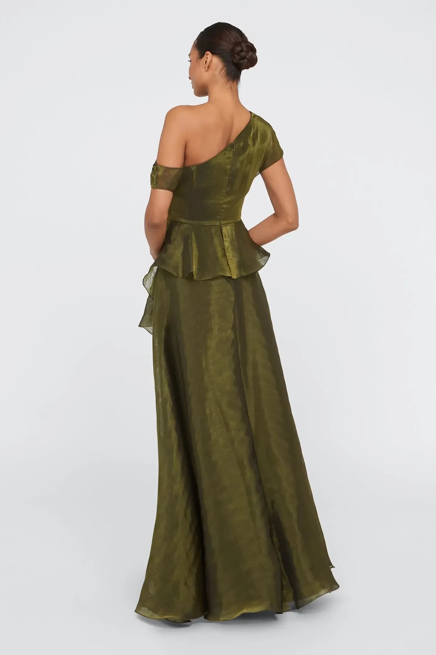 Captivating A Line One Shoulder Ruffled Sleeve Zipper Back Floor Length Evening Dress