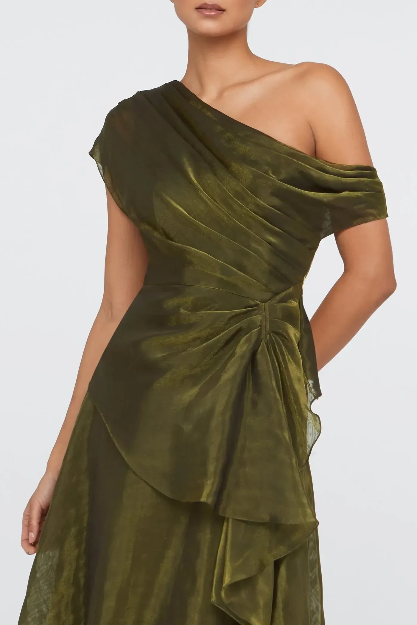 Captivating A Line One Shoulder Ruffled Sleeve Zipper Back Floor Length Evening Dress