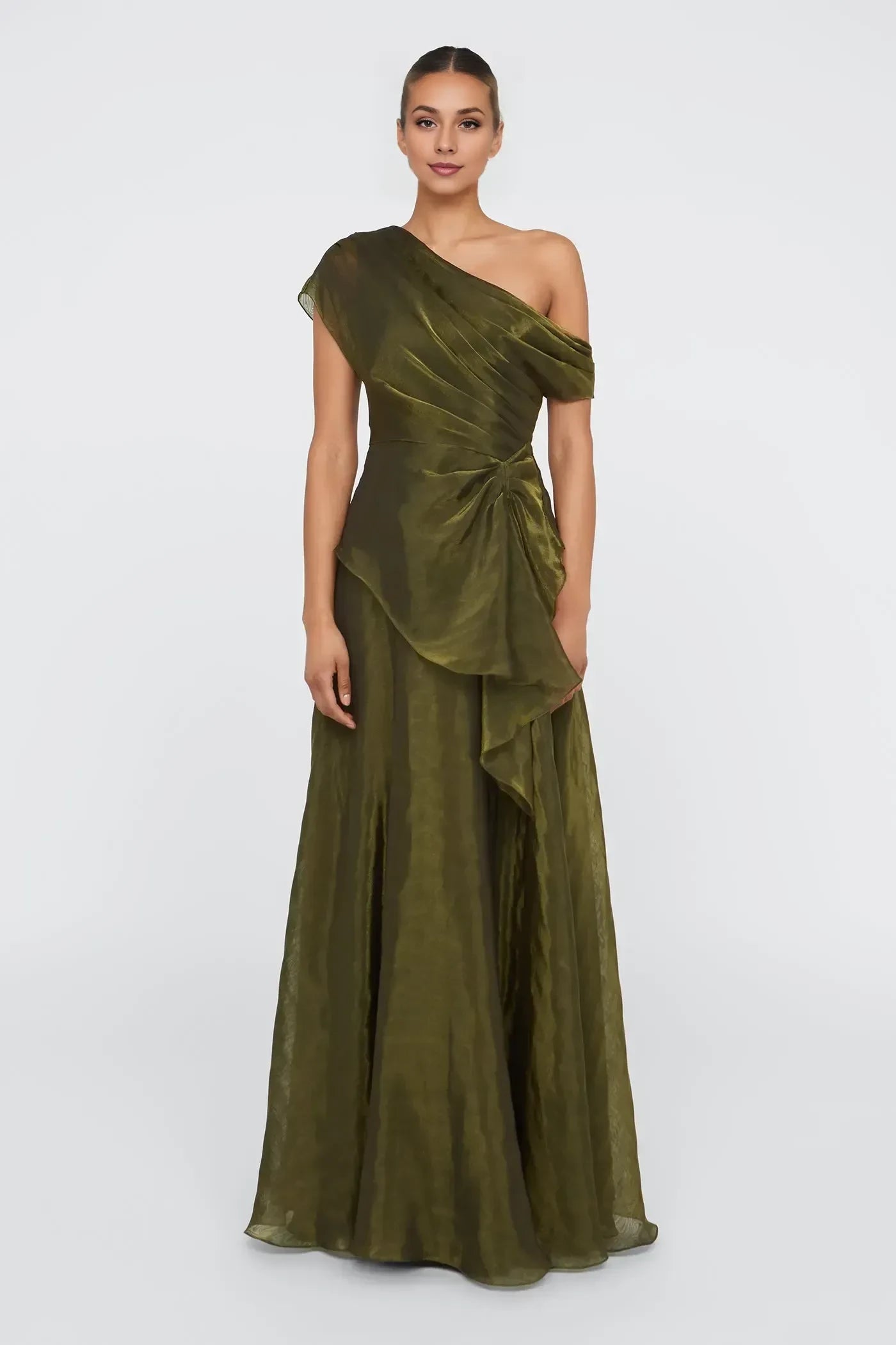 Captivating A Line One Shoulder Ruffled Sleeve Zipper Back Floor Length Evening Dress