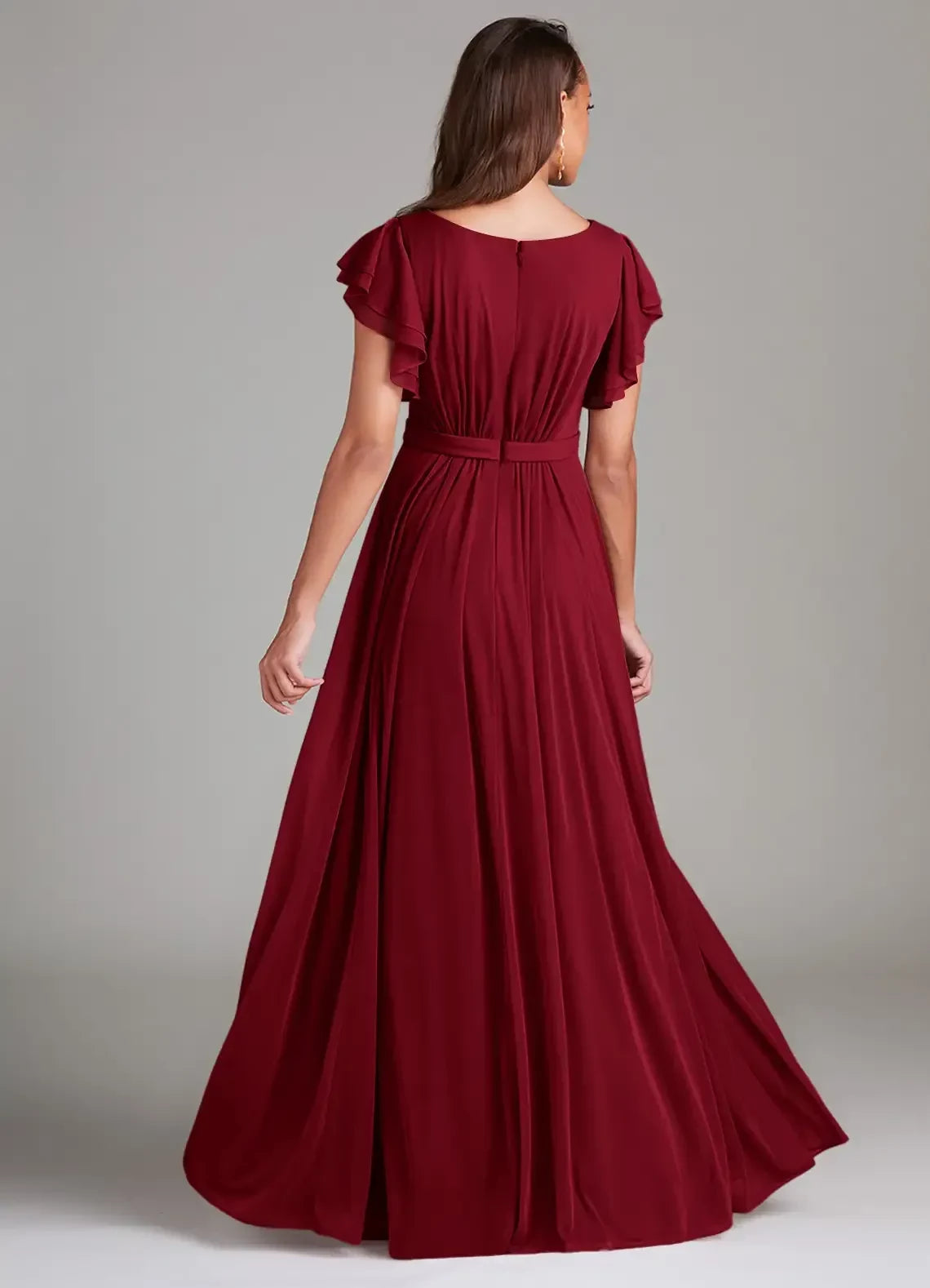 Captivating A Line Round Neck Ruffled Sleeve Zip Back Floor Length Bridesmaid Dress