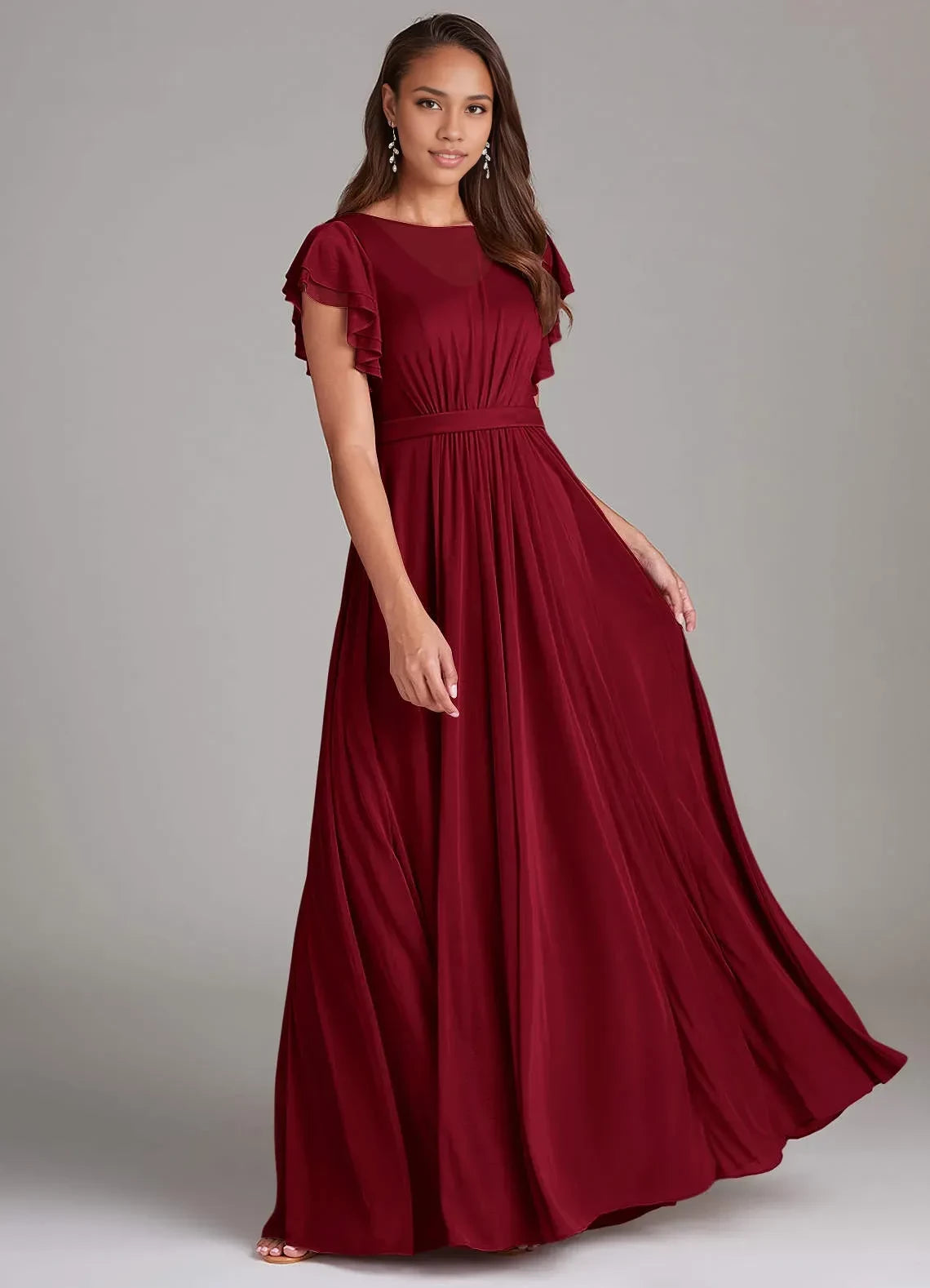 Captivating A Line Round Neck Ruffled Sleeve Zip Back Floor Length Bridesmaid Dress