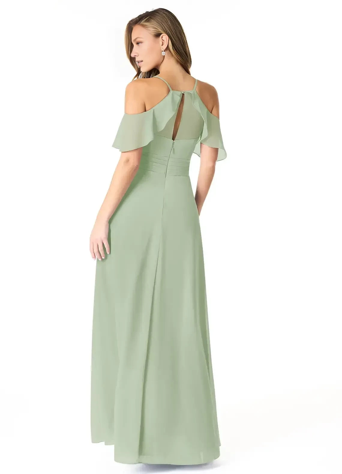 Captivating A Line V Neck Cold Shoulder Keyhole Back Floor Length Bridesmaid Dress