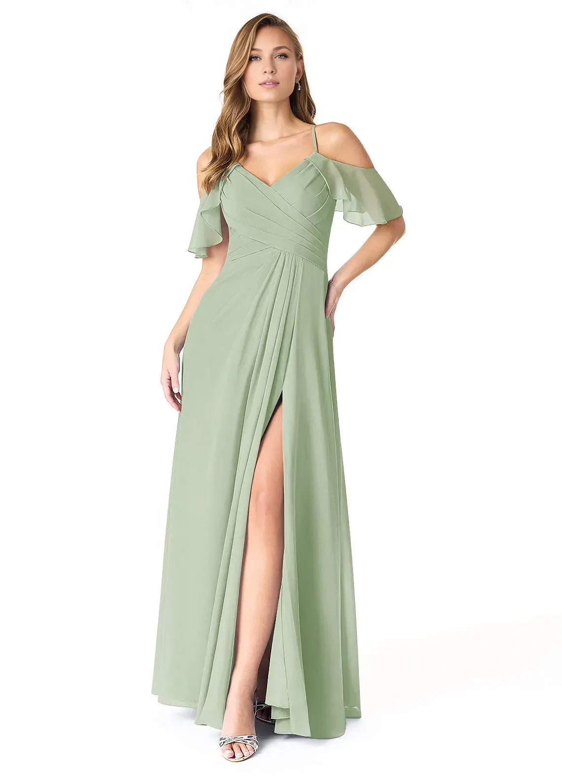 Captivating A Line V Neck Cold Shoulder Keyhole Back Floor Length Bridesmaid Dress