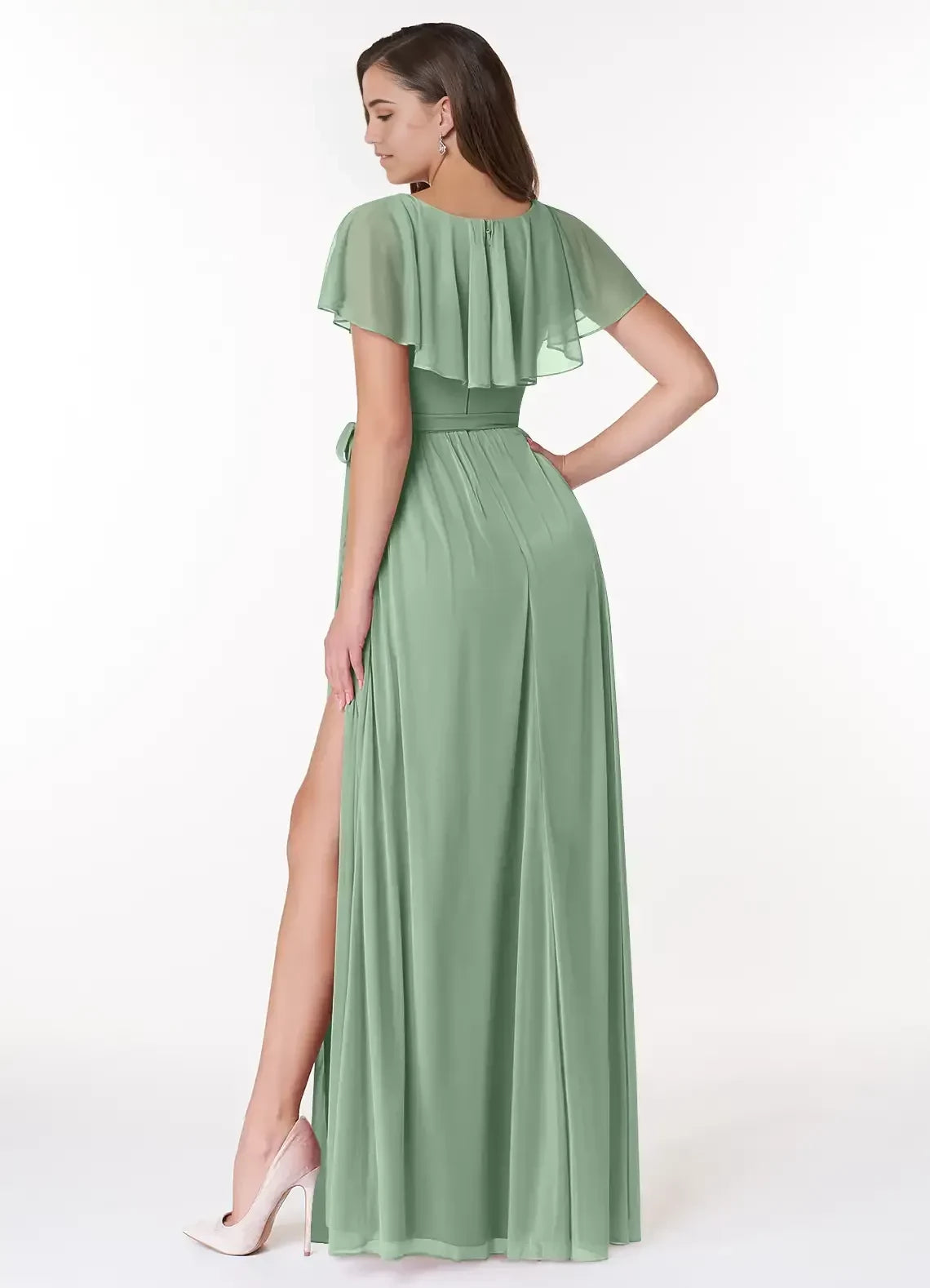 Captivating A Line V Neck Flutter Sleeve Tie Back Floor Length Bridesmaid Dress