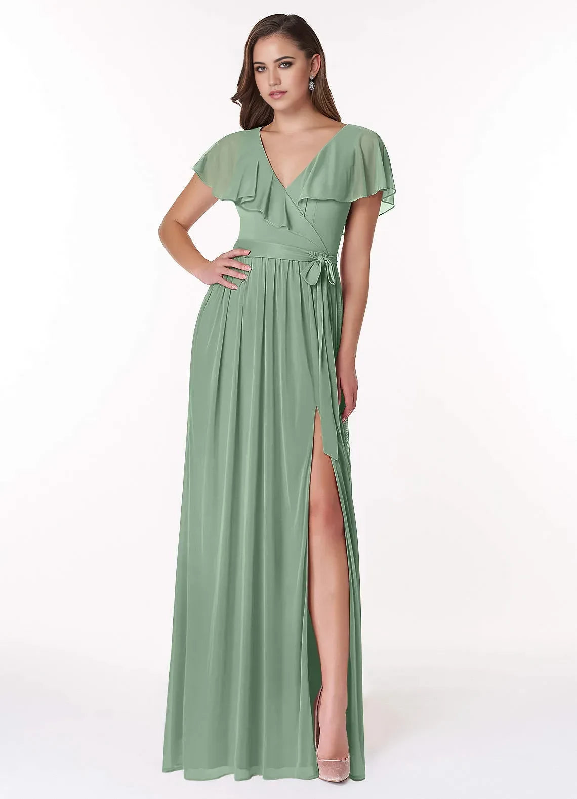 Captivating A Line V Neck Flutter Sleeve Tie Back Floor Length Bridesmaid Dress