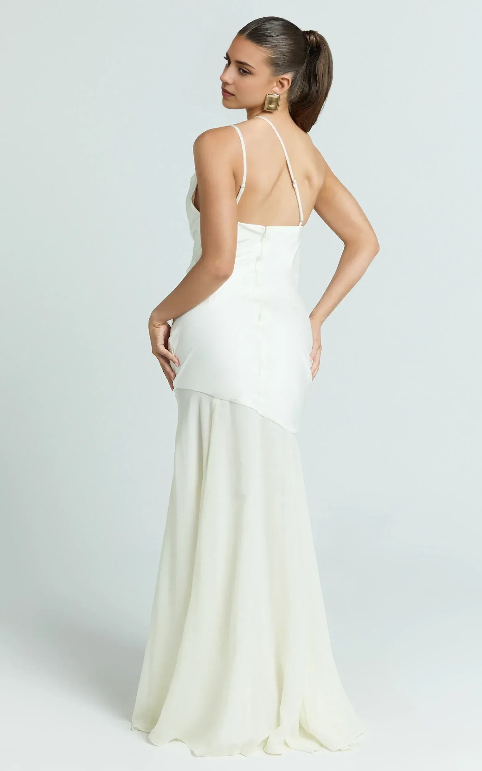 Captivating Asymmetric Cowl Neck Sleeveless Open Back Floor Length Plus Size Evening Dress