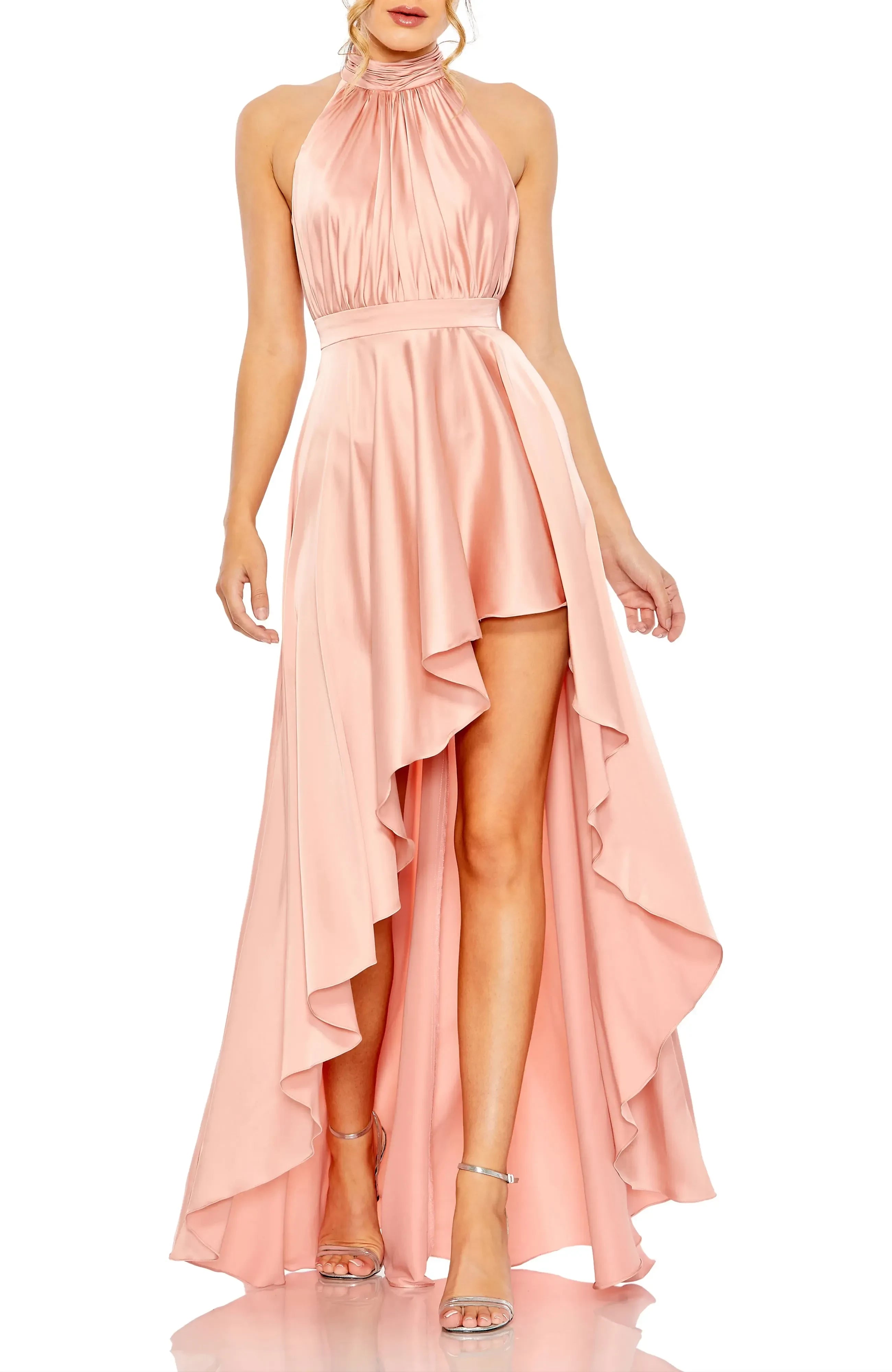 Captivating High Low Halter Neck Sleeveless Bow Back Floor Length Evening Dress