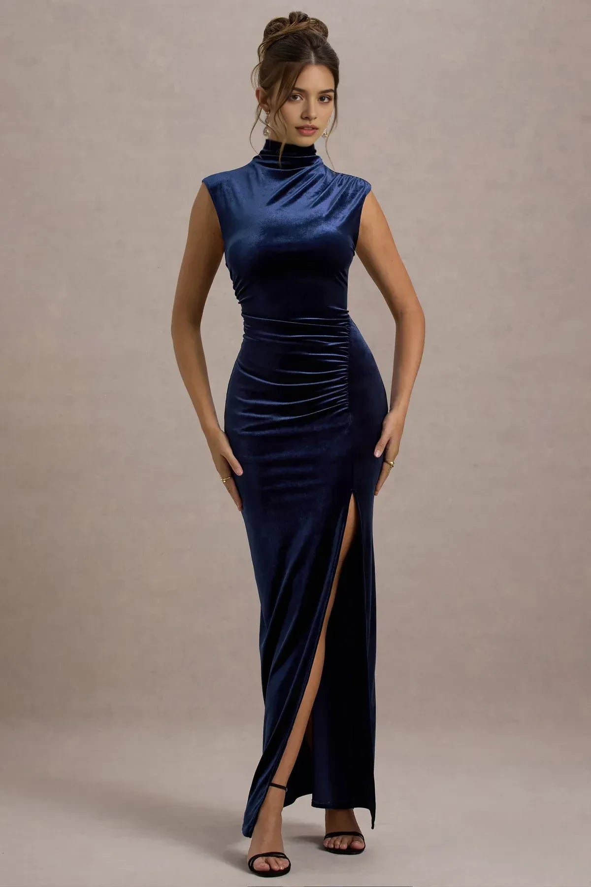Captivating Mermaid High Neck Sleeveless Ruched Side High Slit Floor Length Evening Dress
