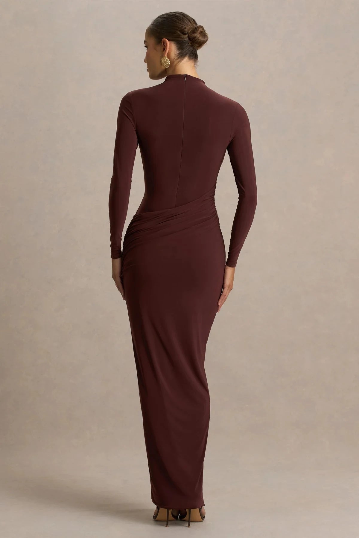 Captivating Mermaid Mock Neck Long Sleeve Ruched Side High Slit Floor Length Evening Dress