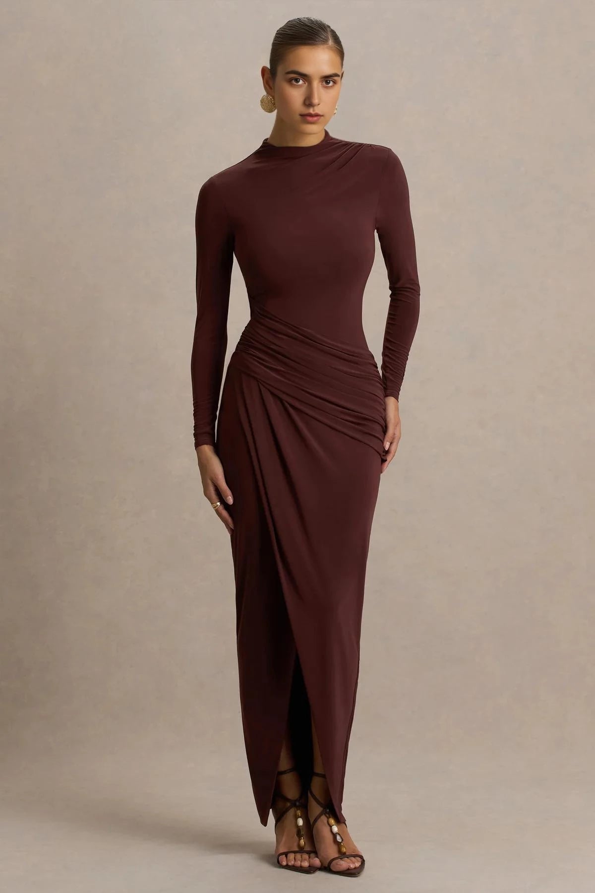 Captivating Mermaid Mock Neck Long Sleeve Ruched Side High Slit Floor Length Evening Dress