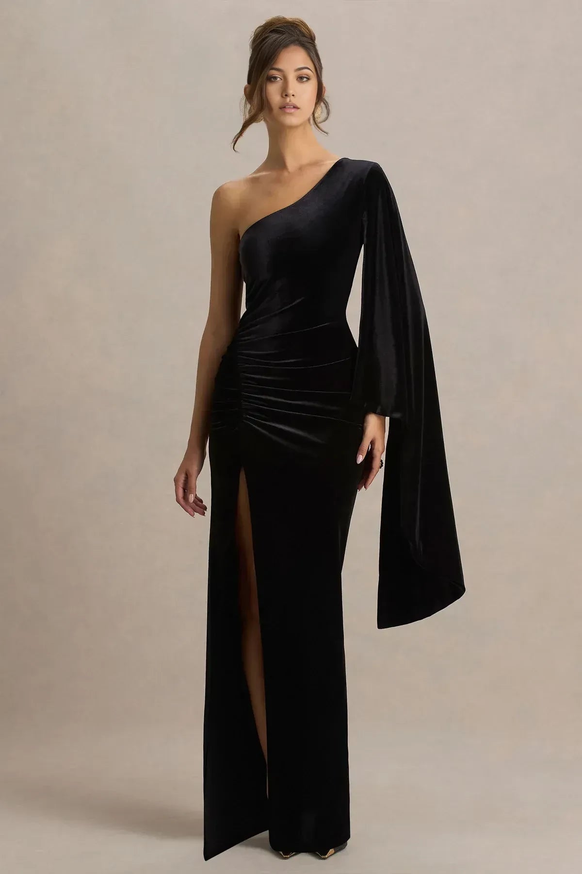 Captivating Mermaid One Shoulder Dramatic Sleeve Ruched Back Floor Length Evening Dress