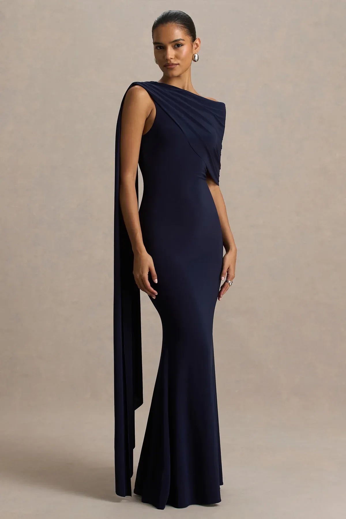 Captivating Mermaid One Shoulder Draped Cape Sleeve Open Back Floor Length Evening Dress