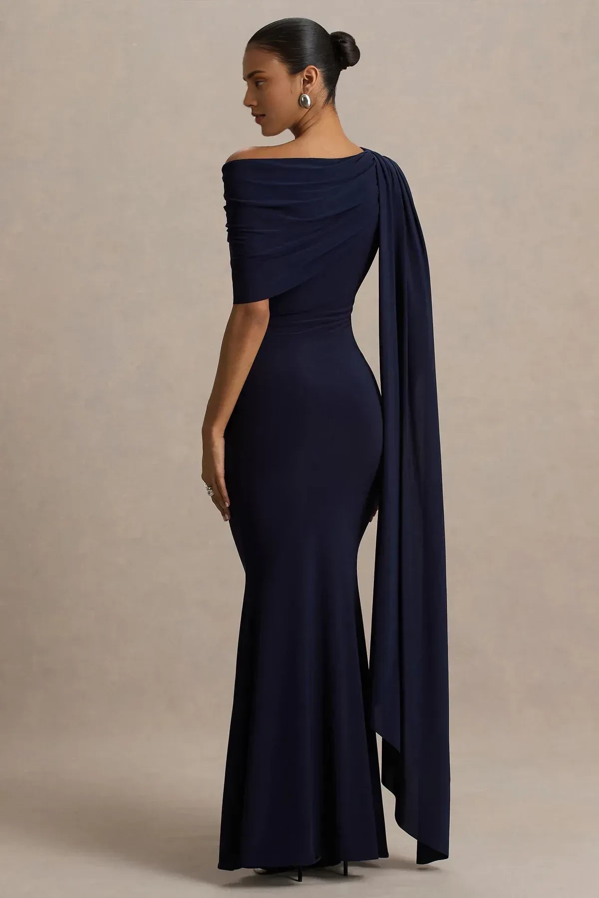 Captivating Mermaid One Shoulder Draped Cape Sleeve Open Back Floor Length Evening Dress