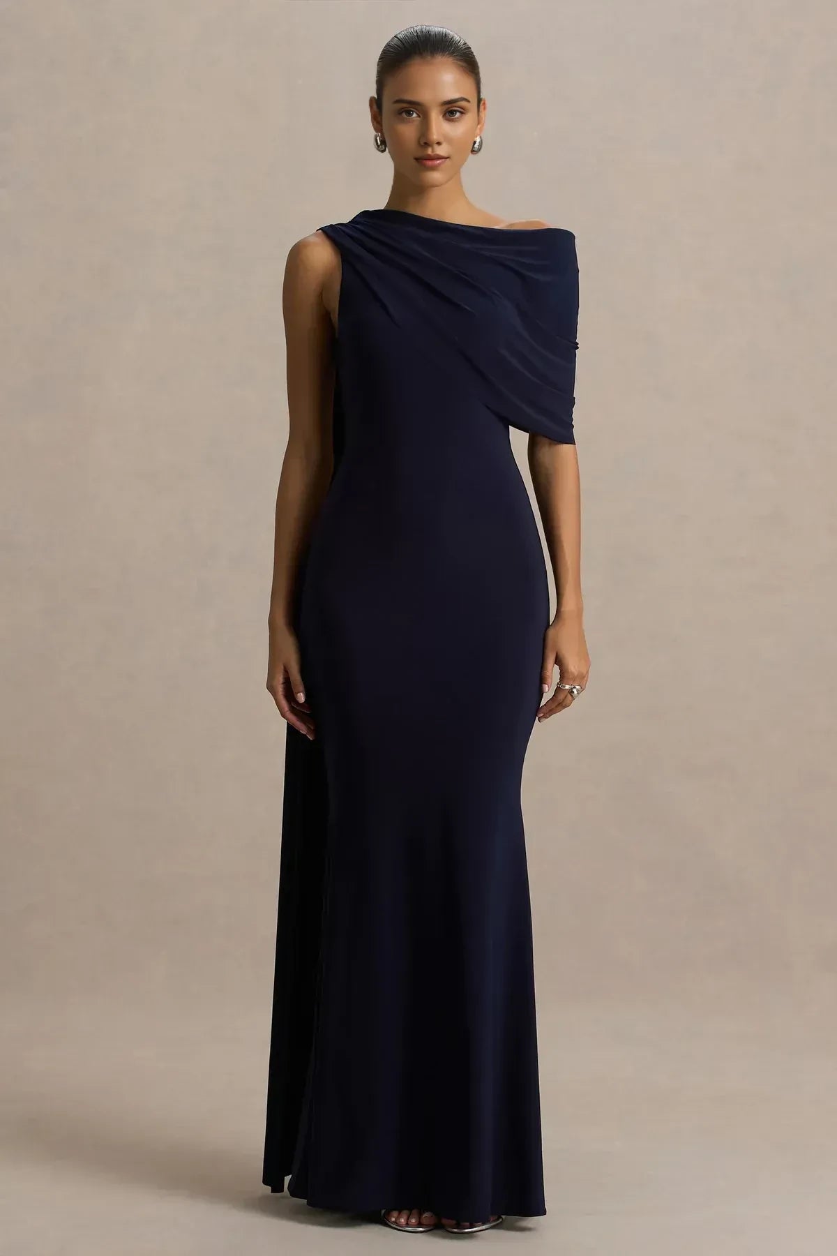 Captivating Mermaid One Shoulder Draped Cape Sleeve Open Back Floor Length Evening Dress