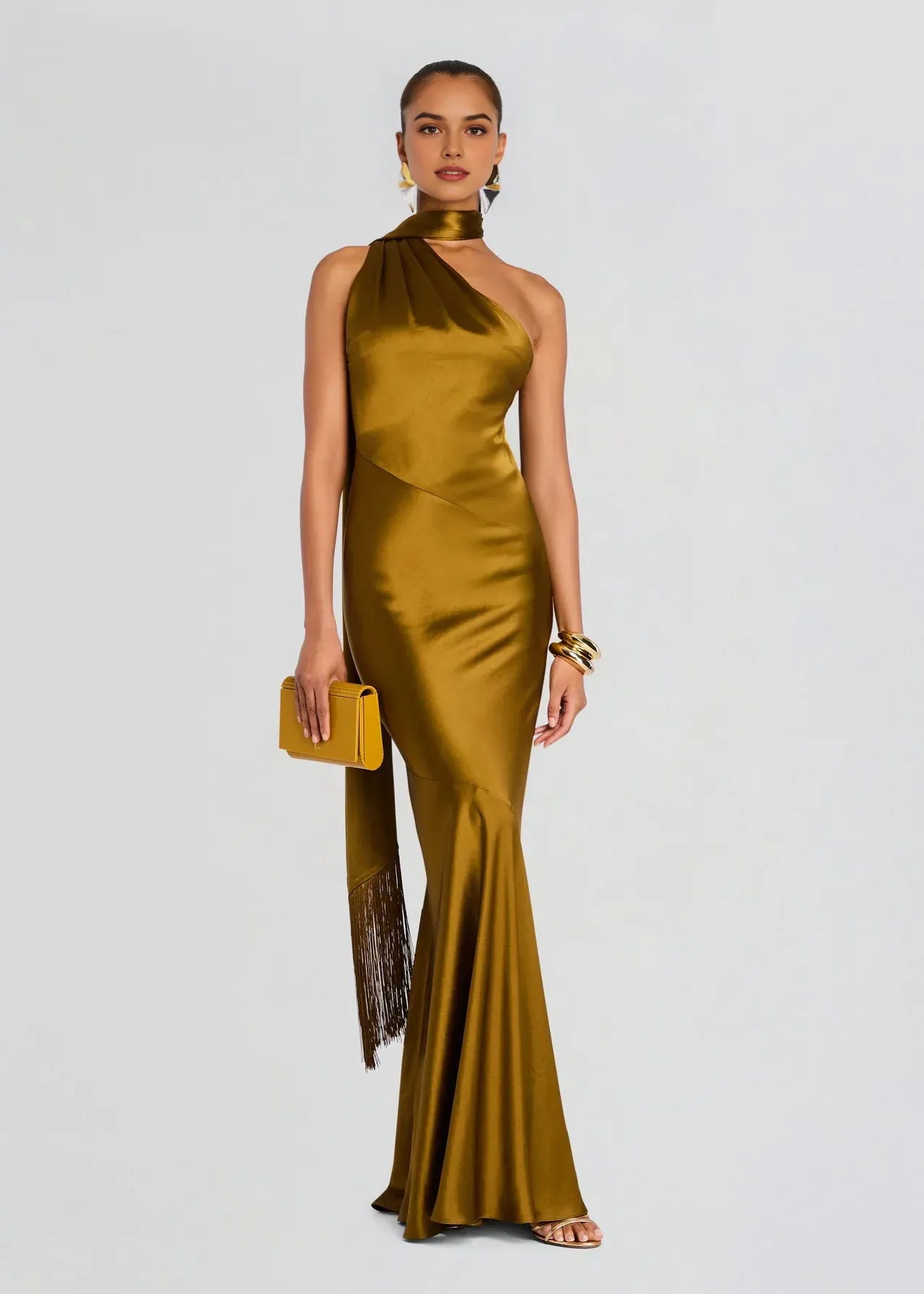 Captivating Mermaid One Shoulder Sleeveless Fringe Accent Floor Length Plus Size Evening Dress