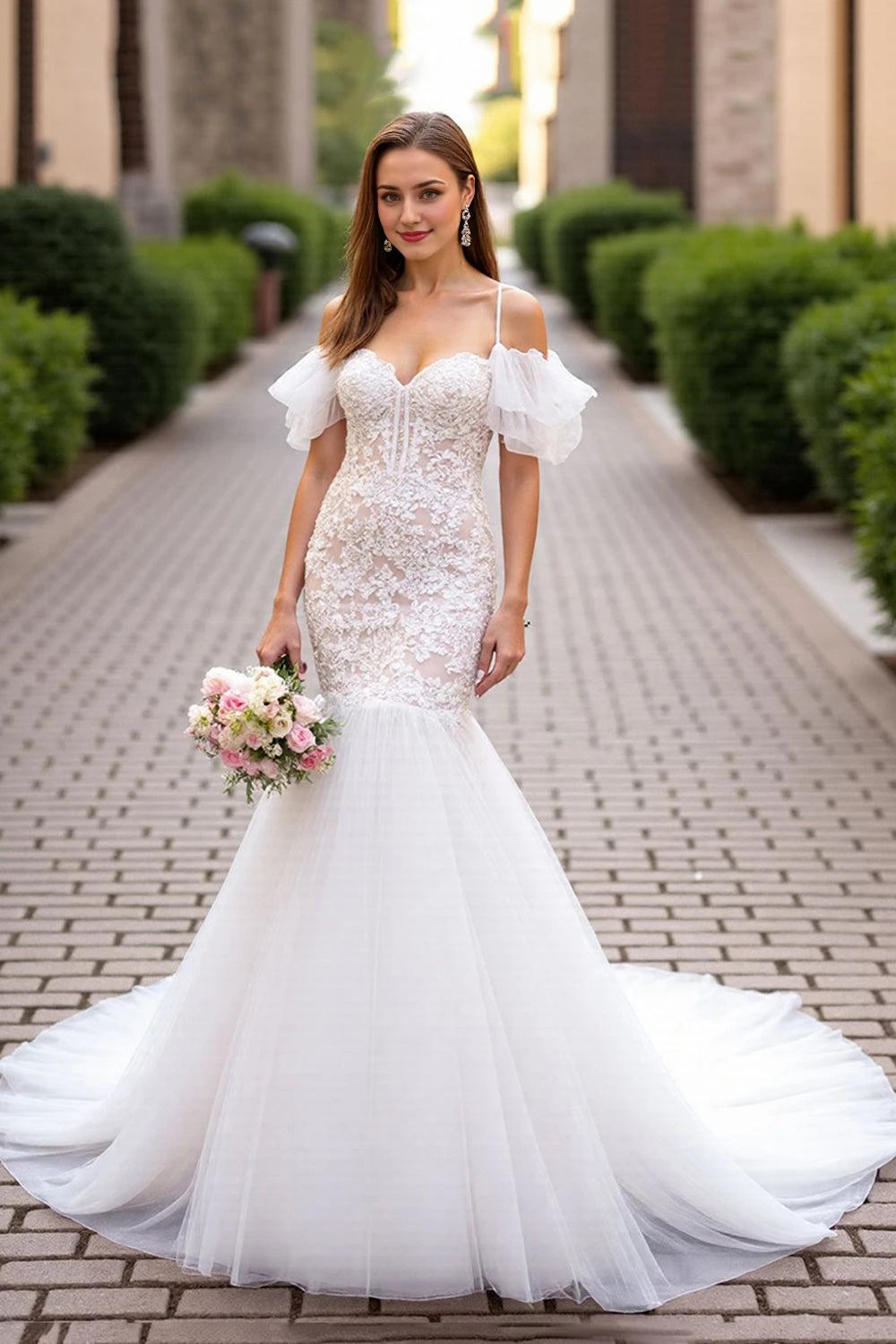 Captivating Mermaid Sweetheart Off The Shoulder Ruffled Sleeve Lace Up Back Floor Length Wedding Dress