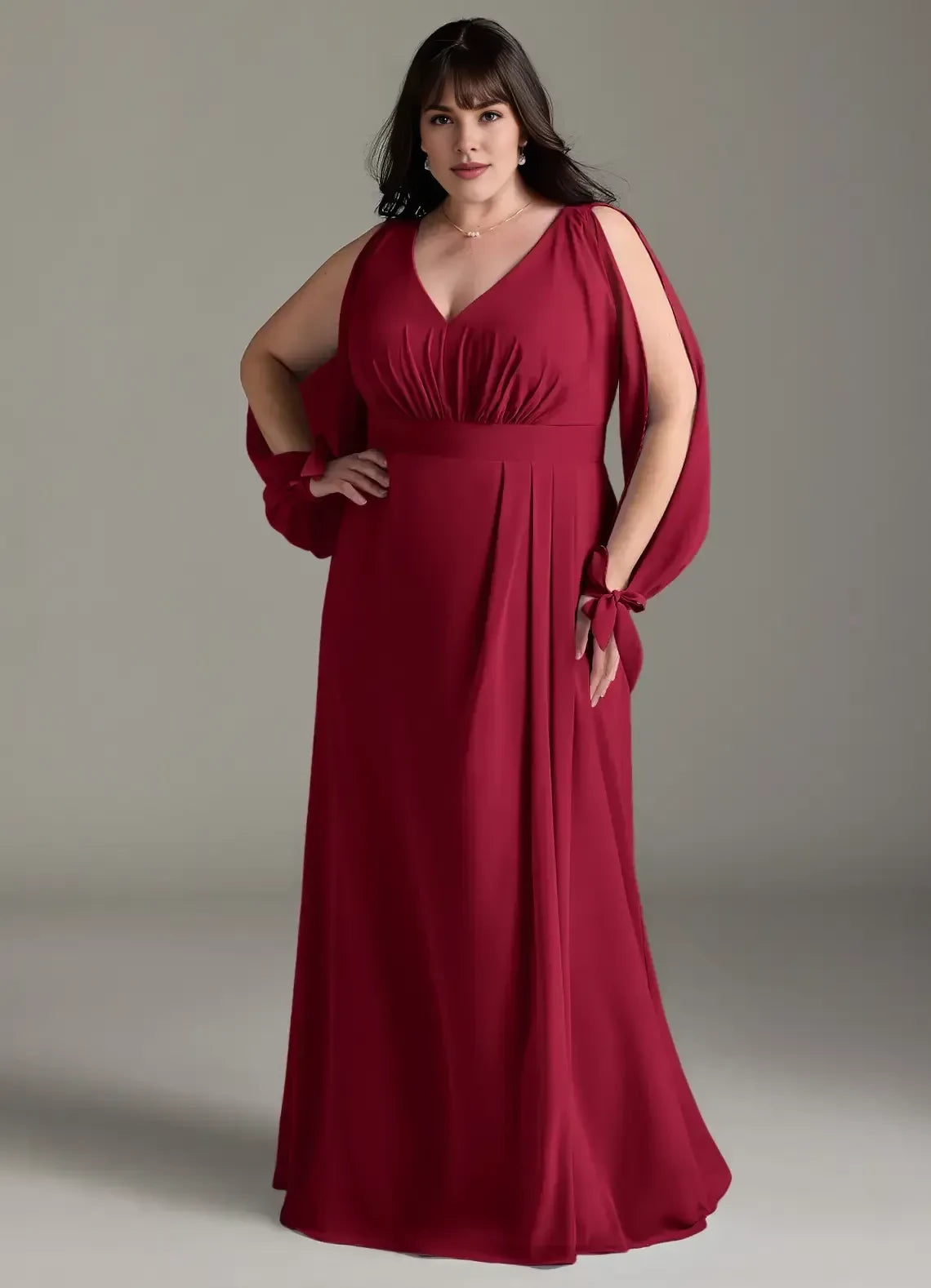 Captivating Plus Size A Line V Neck Cold Shoulder Long Sleeve Zipper Back Floor Length Bridesmaid Dress