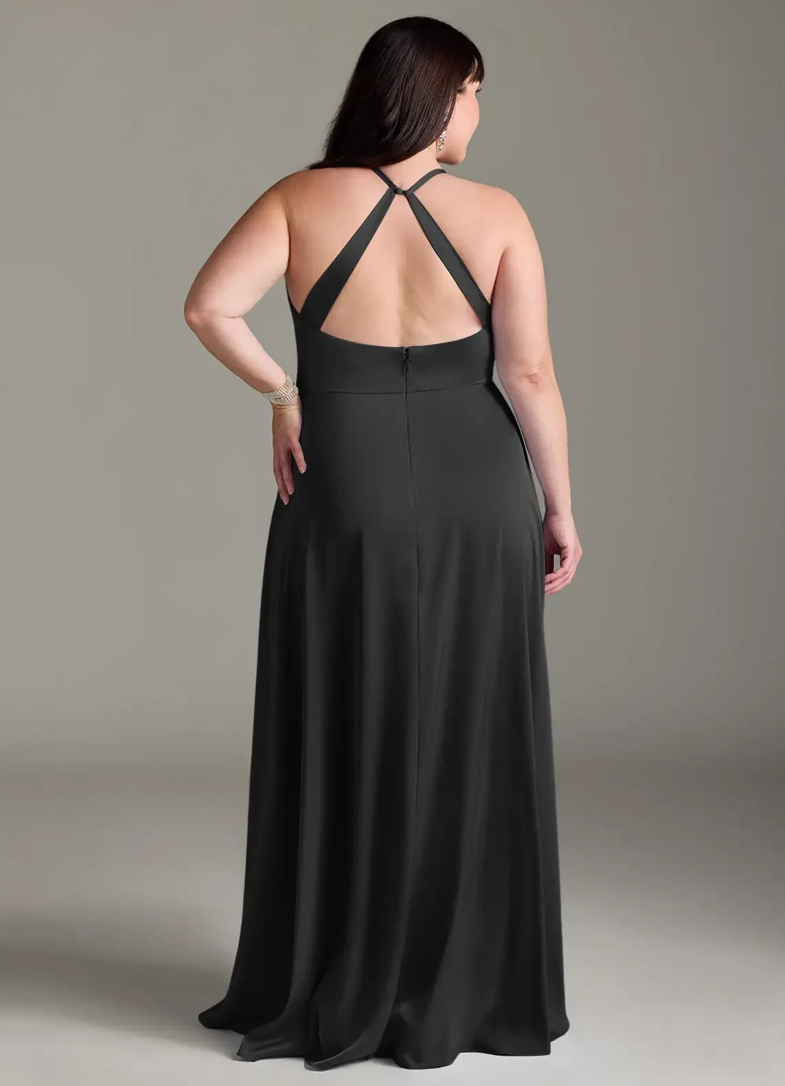 Captivating Plus Size A Line V Neck Halter Crisscross Back Floor Length Bridesmaid Dress