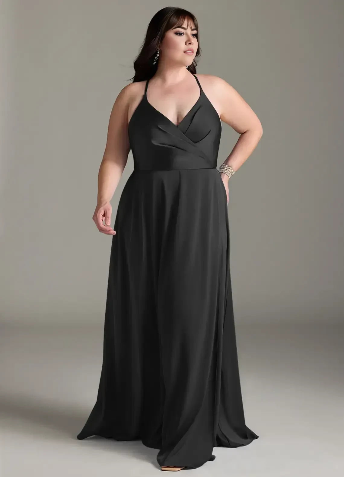 Captivating Plus Size A Line V Neck Halter Crisscross Back Floor Length Bridesmaid Dress