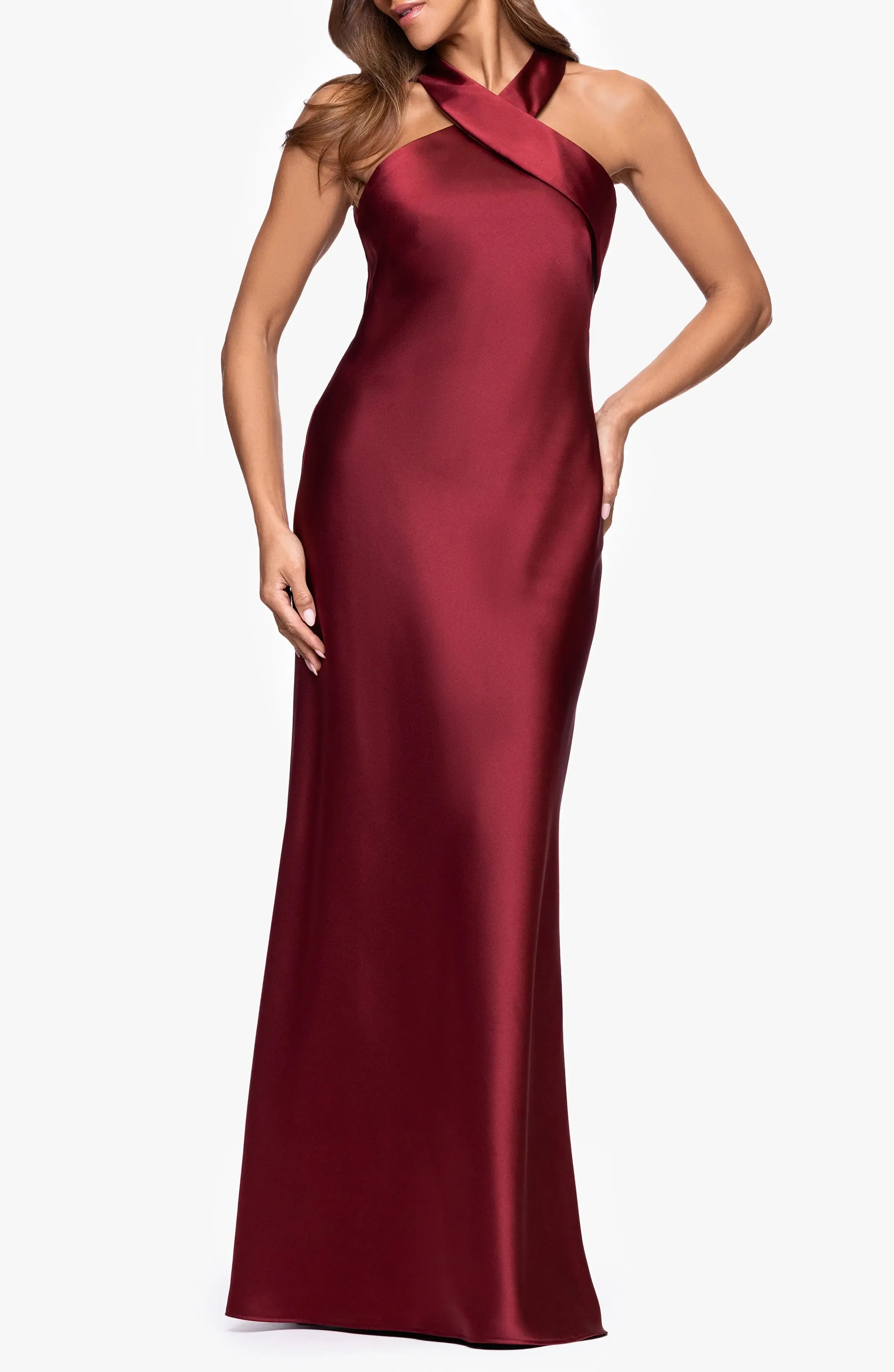 Captivating Sheath Cross Halter Neck Sleeveless Draped Back Floor Length Evening Dress