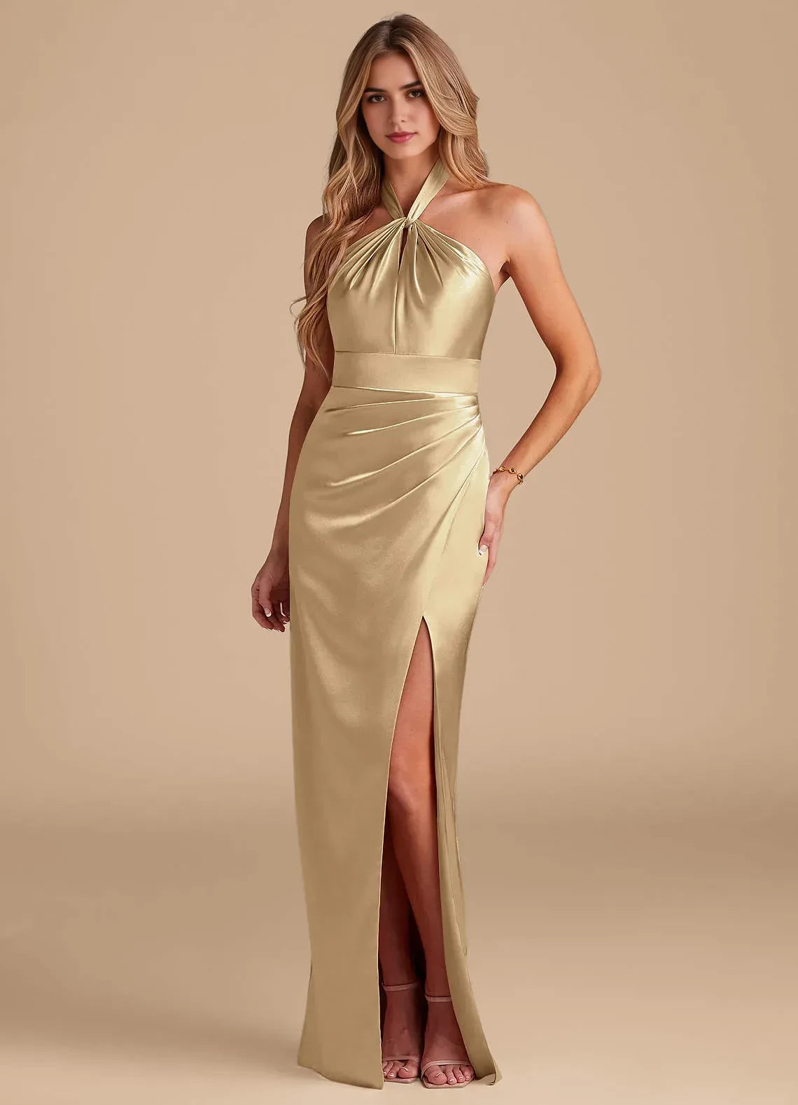 Captivating Sheath Halter Neck Sleeveless Open Back Floor Length Bridesmaid Dress