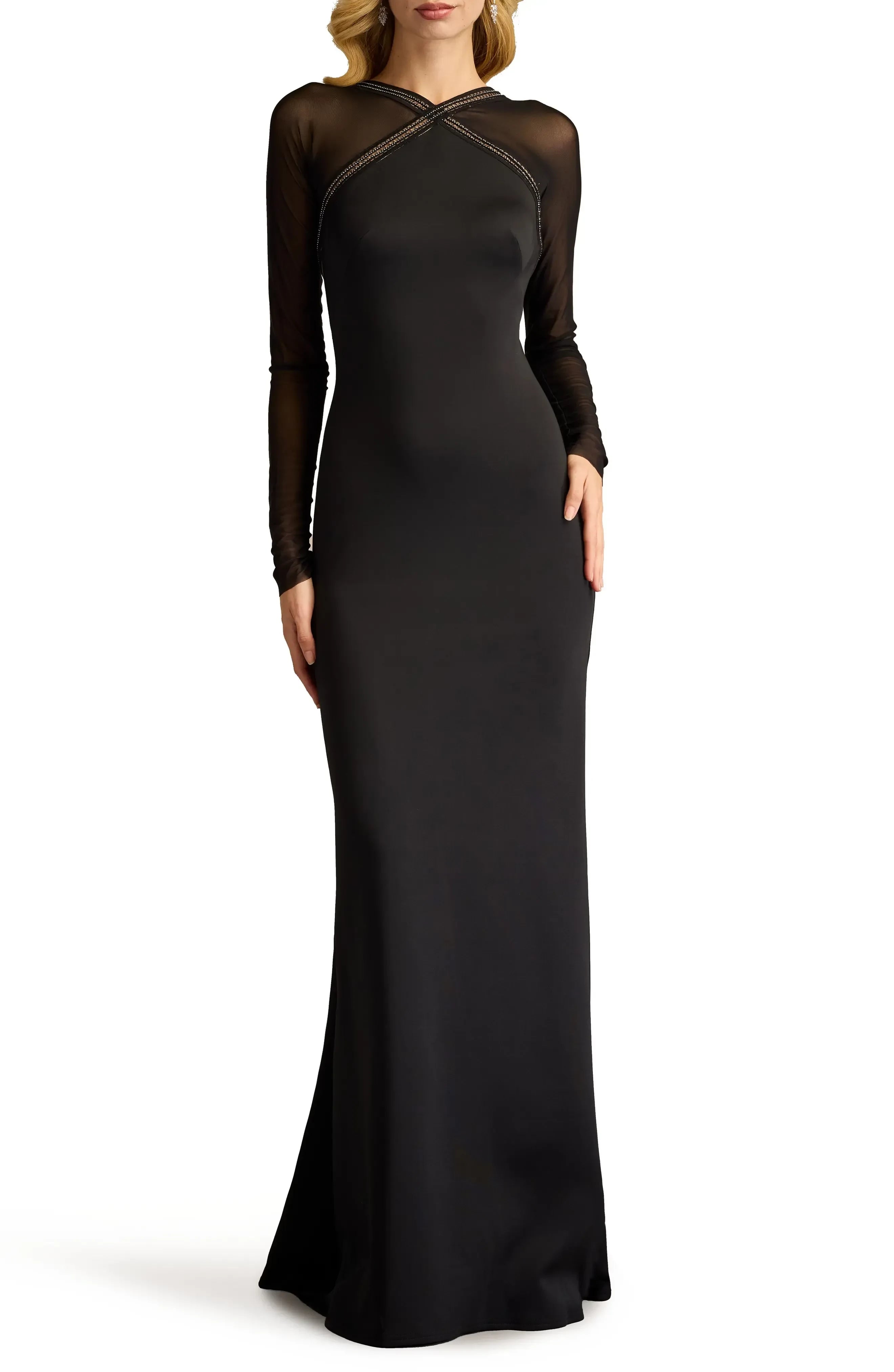 Captivating Sheath Illusion Neck Long Sleeve Open Back Floor Length Evening Dress