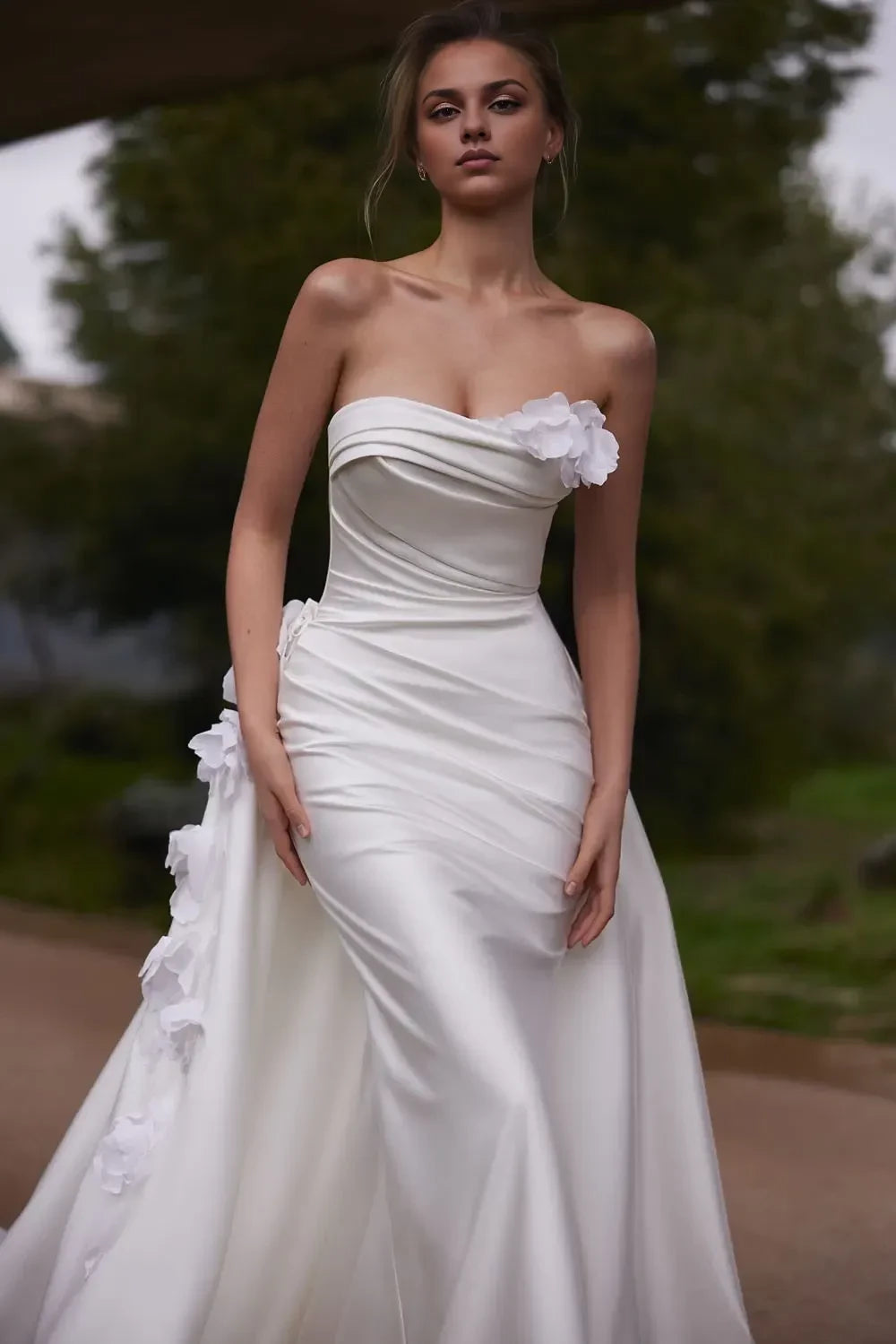 Captivating Strapless Mermaid Floral Accent Zip Back Train Length Wedding Dress