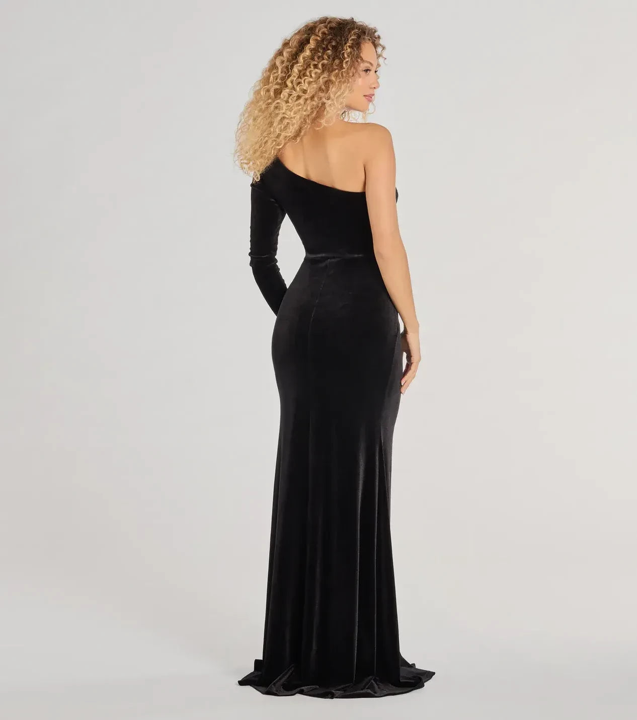 Captivating Trumpet One Shoulder Long Sleeve Open Back Floor Length Prom Dress