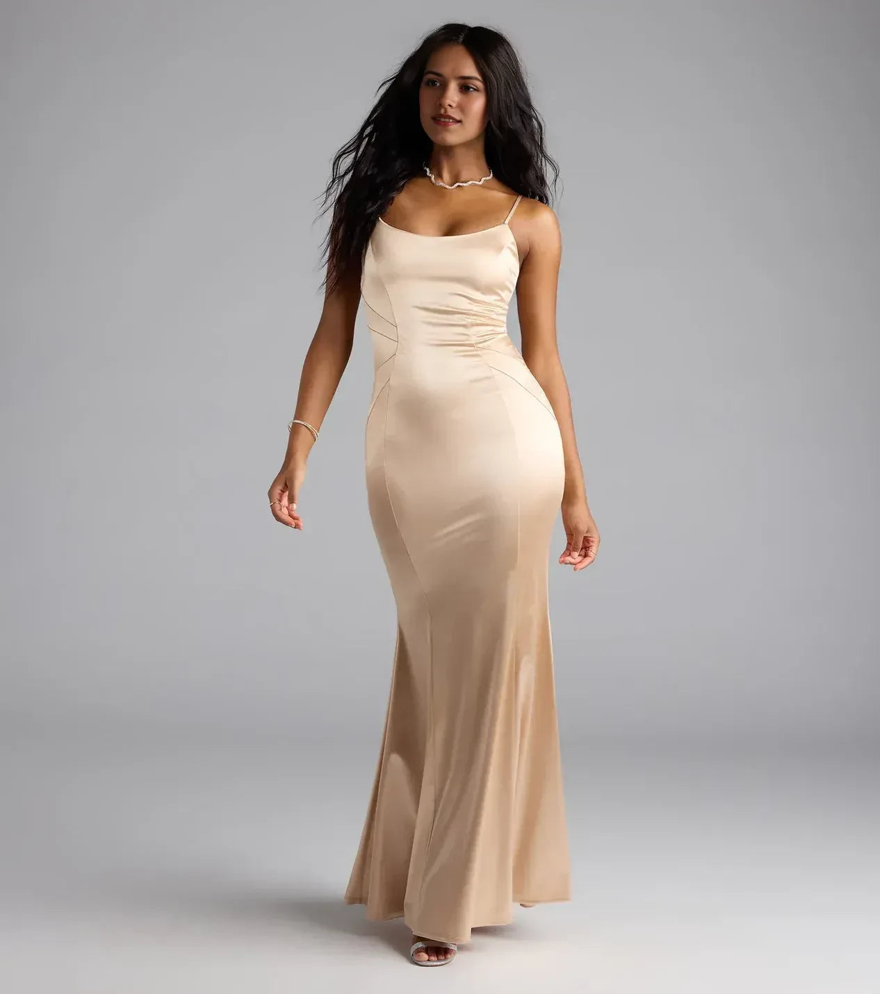 Captivating Trumpet Scoop Neck Spaghetti Strap Lace Up Back Floor Length Prom Dress