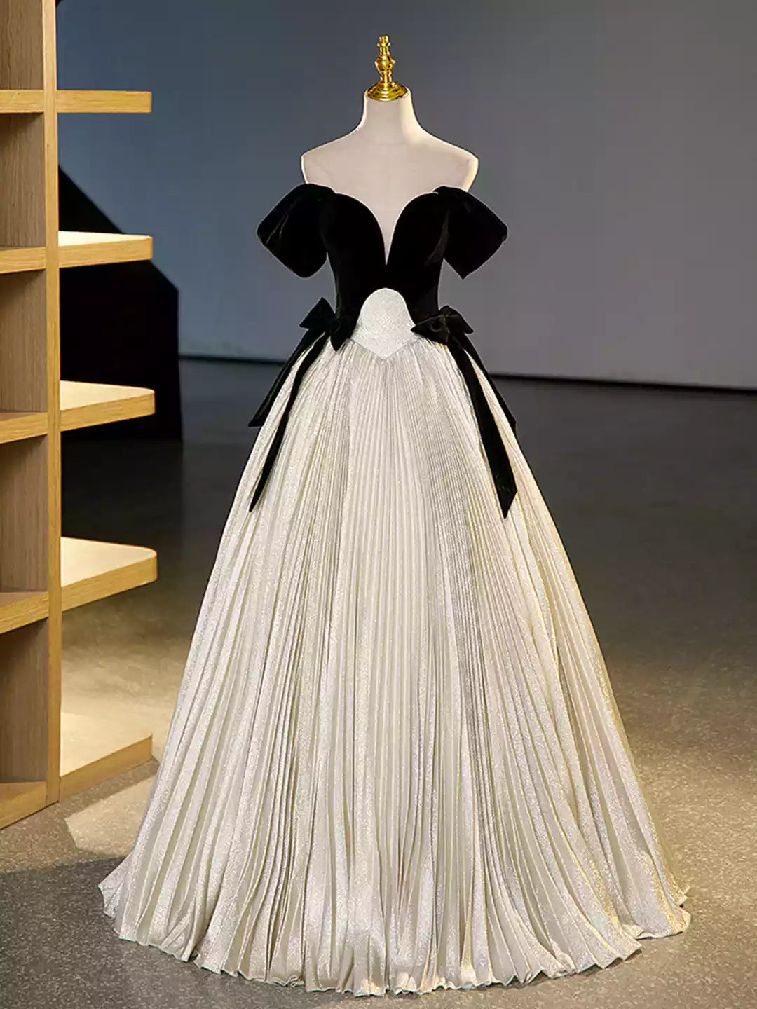 Champagne A-Line Black Velvet Long Prom Dress Formal Dress Evening Dress