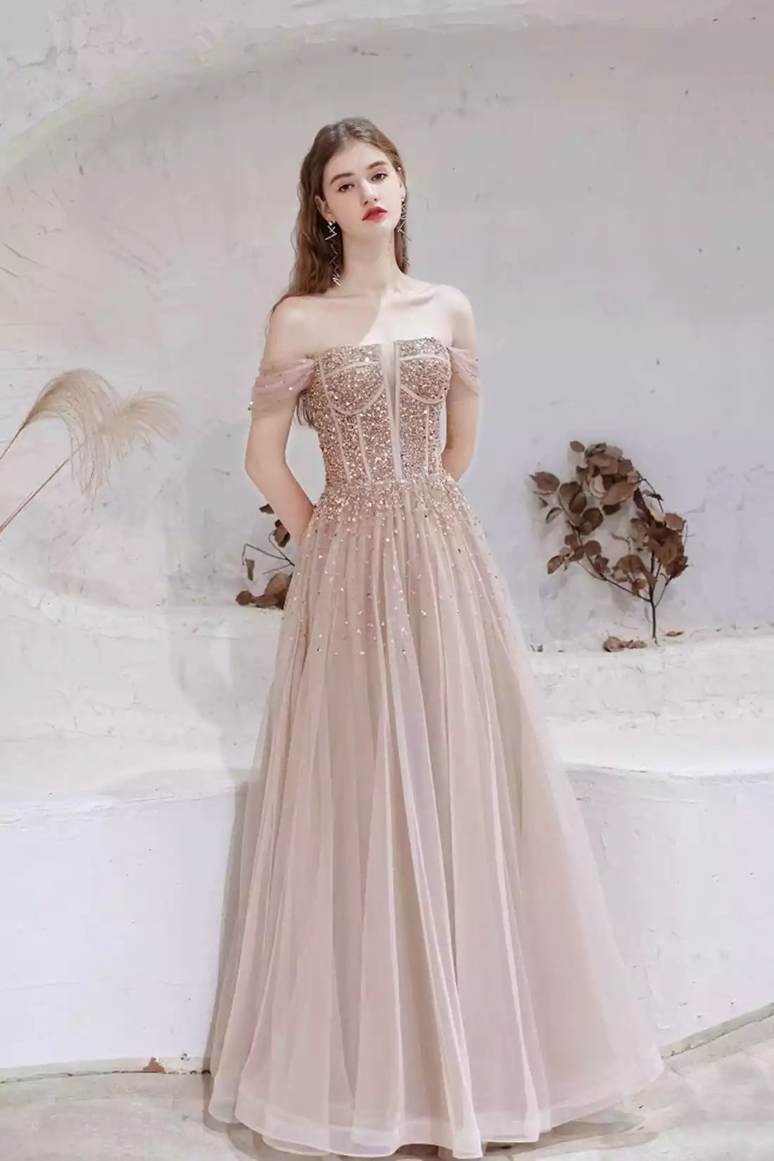 Champagne A-Line Off Shoulder Tulle Sequins Long Prom Dress Formal Dress