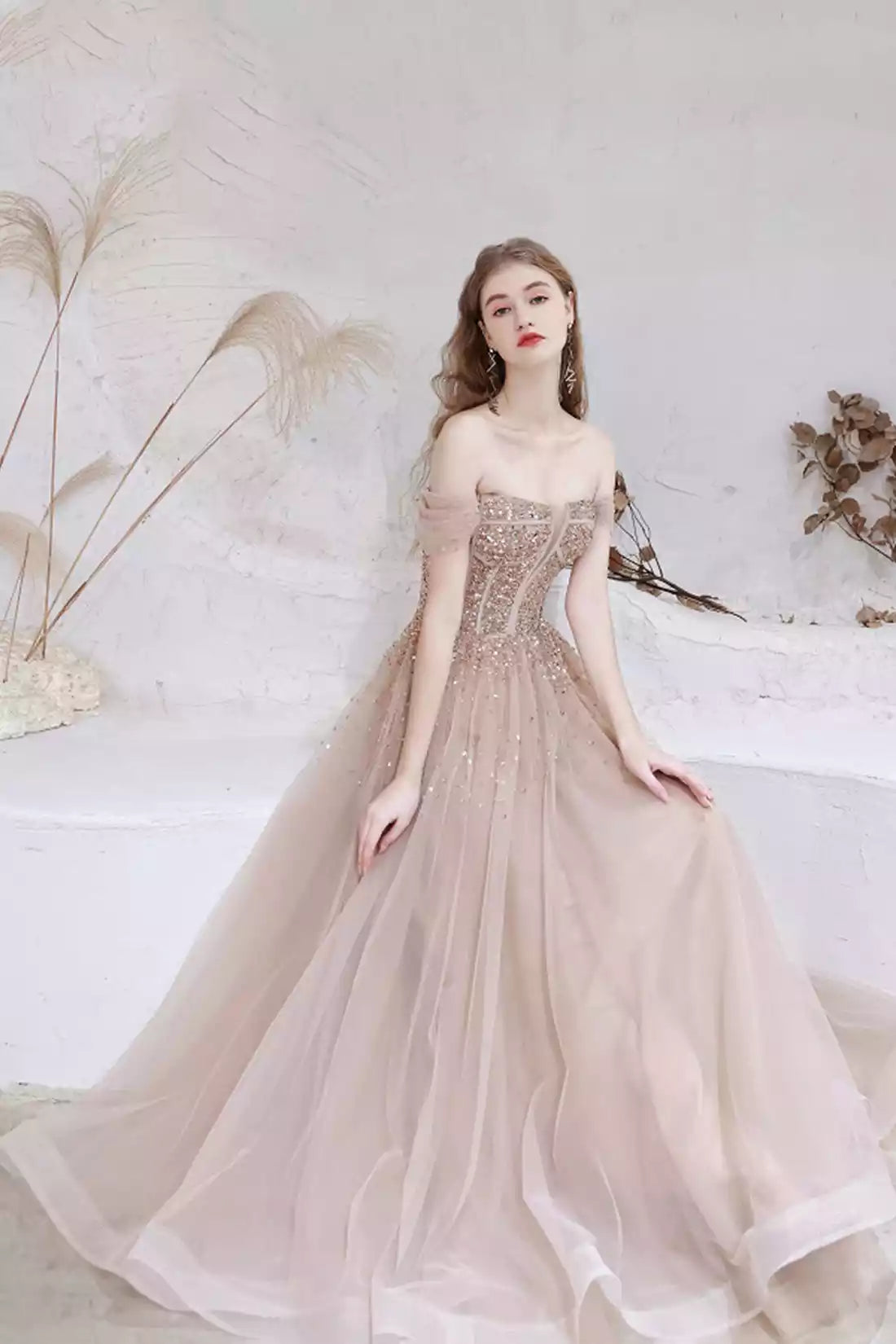 Champagne A-Line Off Shoulder Tulle Sequins Long Prom Dress Formal Dress