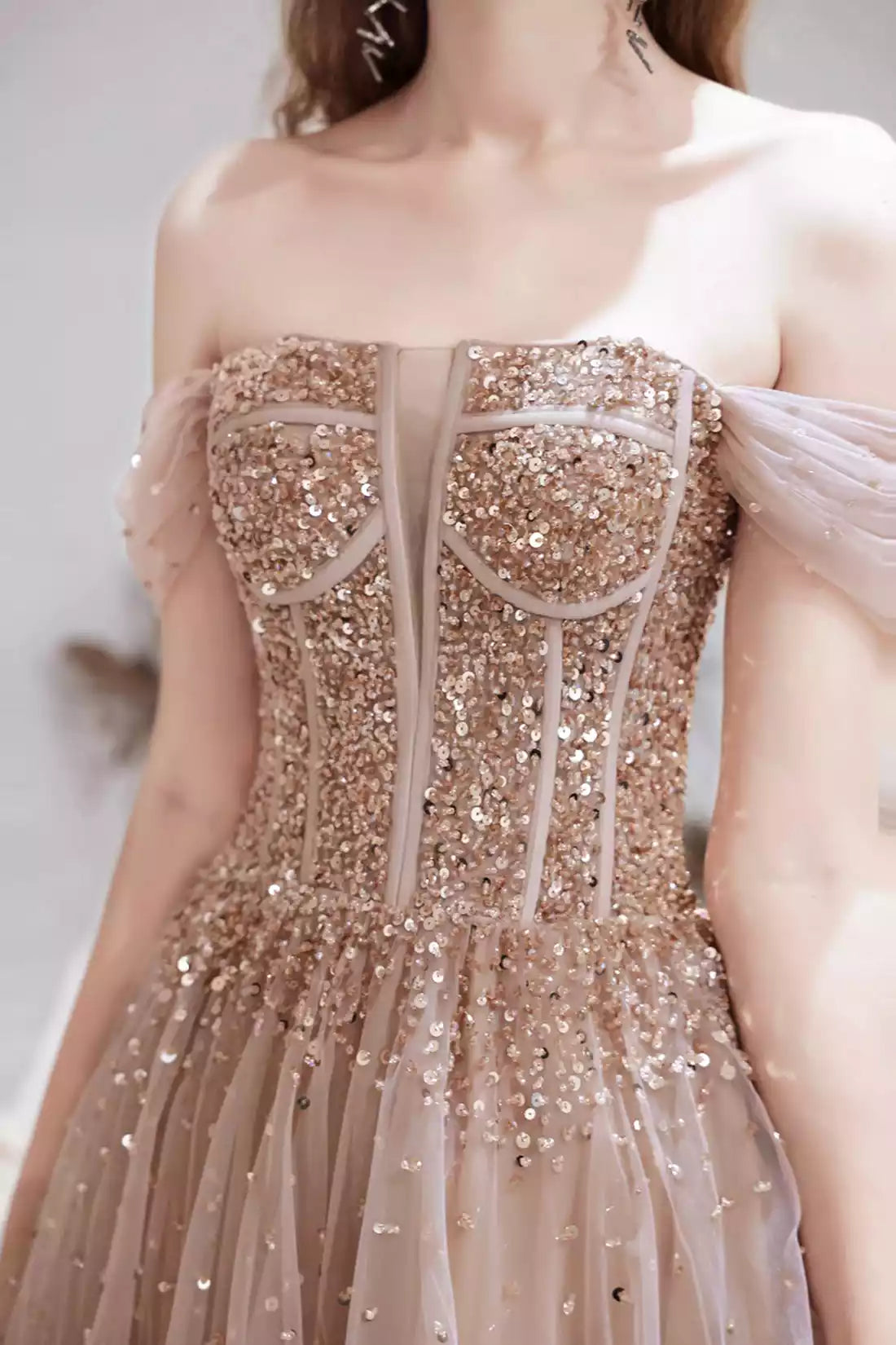 Champagne A-Line Off Shoulder Tulle Sequins Long Prom Dress Formal Dress