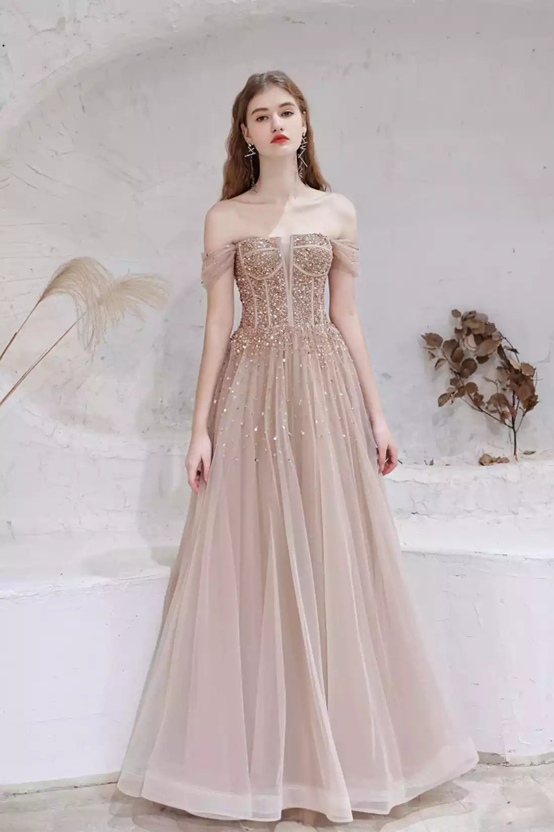 Champagne A-Line Off Shoulder Tulle Sequins Long Prom Dress Formal Dress