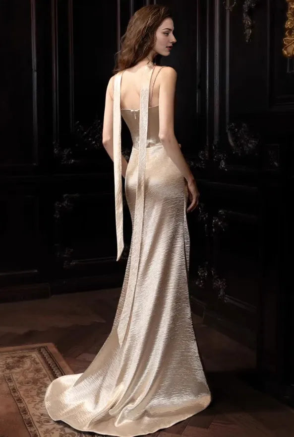 Champagne A Line Spaghetti Strap Pleated Satin Sleeveless Off-the-shoulder Floor length Prom Dress Cocktail Dress Homecoming Dress Evening Dress Party Dress