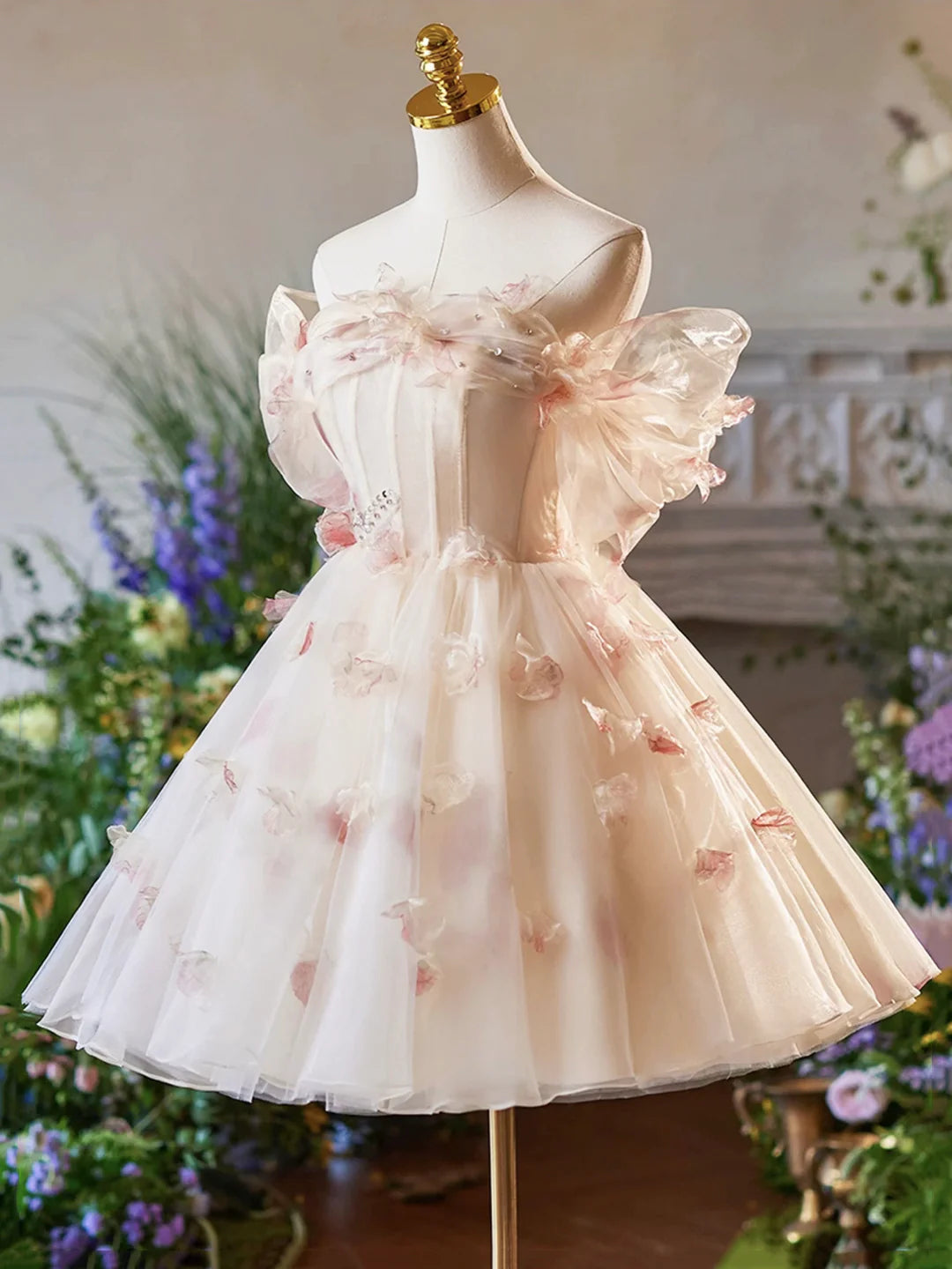 Champagne Floral Tulle Knee length Short A-Line Prom Dress Off the Shoulder Evening Party Dress Homecoming Dresses