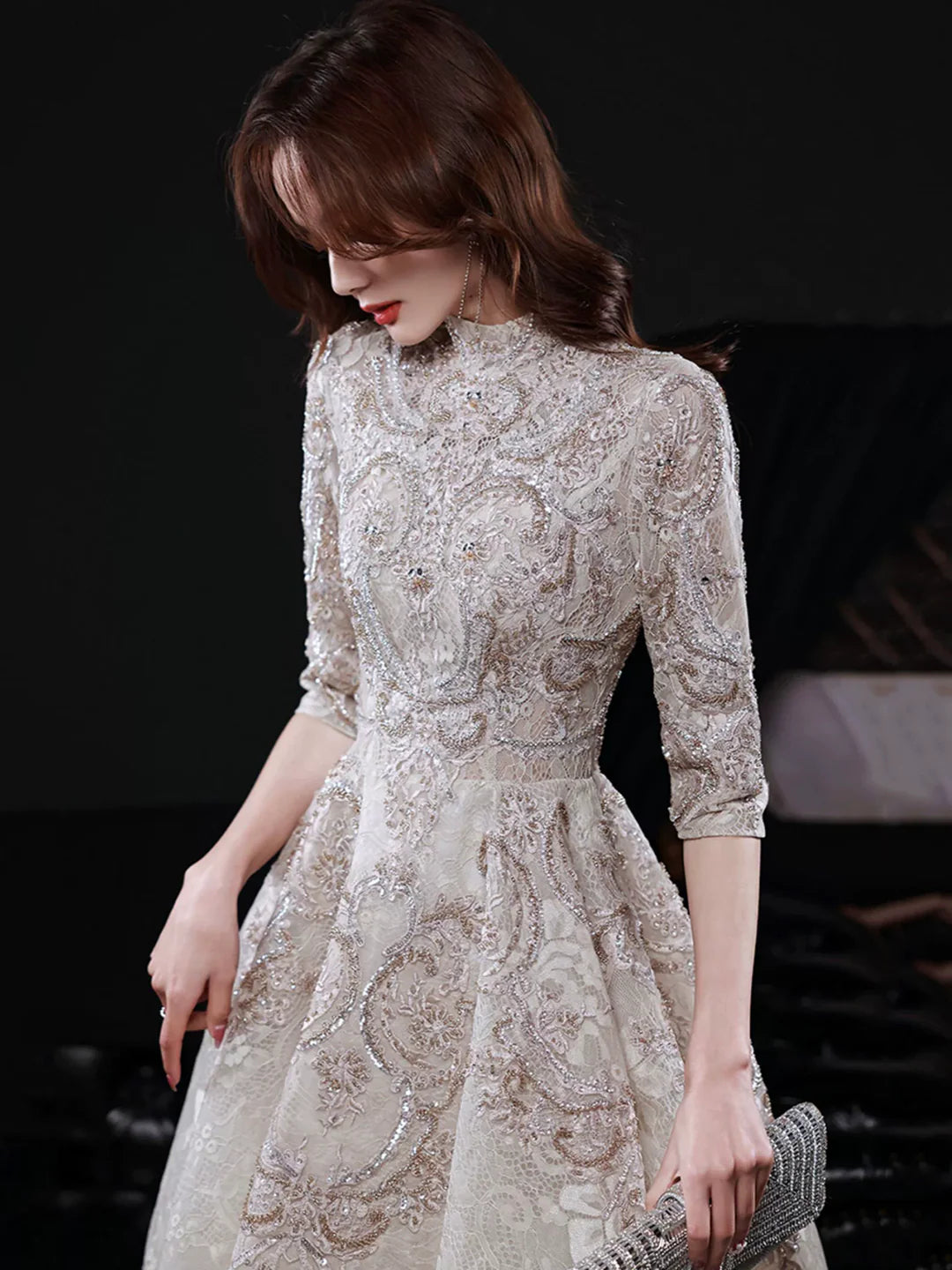 Champagne High Neck Elegant Lace Mid-sleeve Long Formal Dress Evening Party Dress