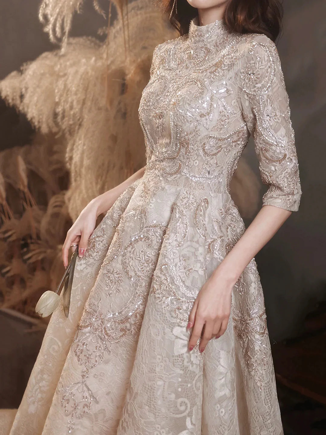 Champagne High Neck Elegant Lace Mid-sleeve Long Formal Dress Evening Party Dress